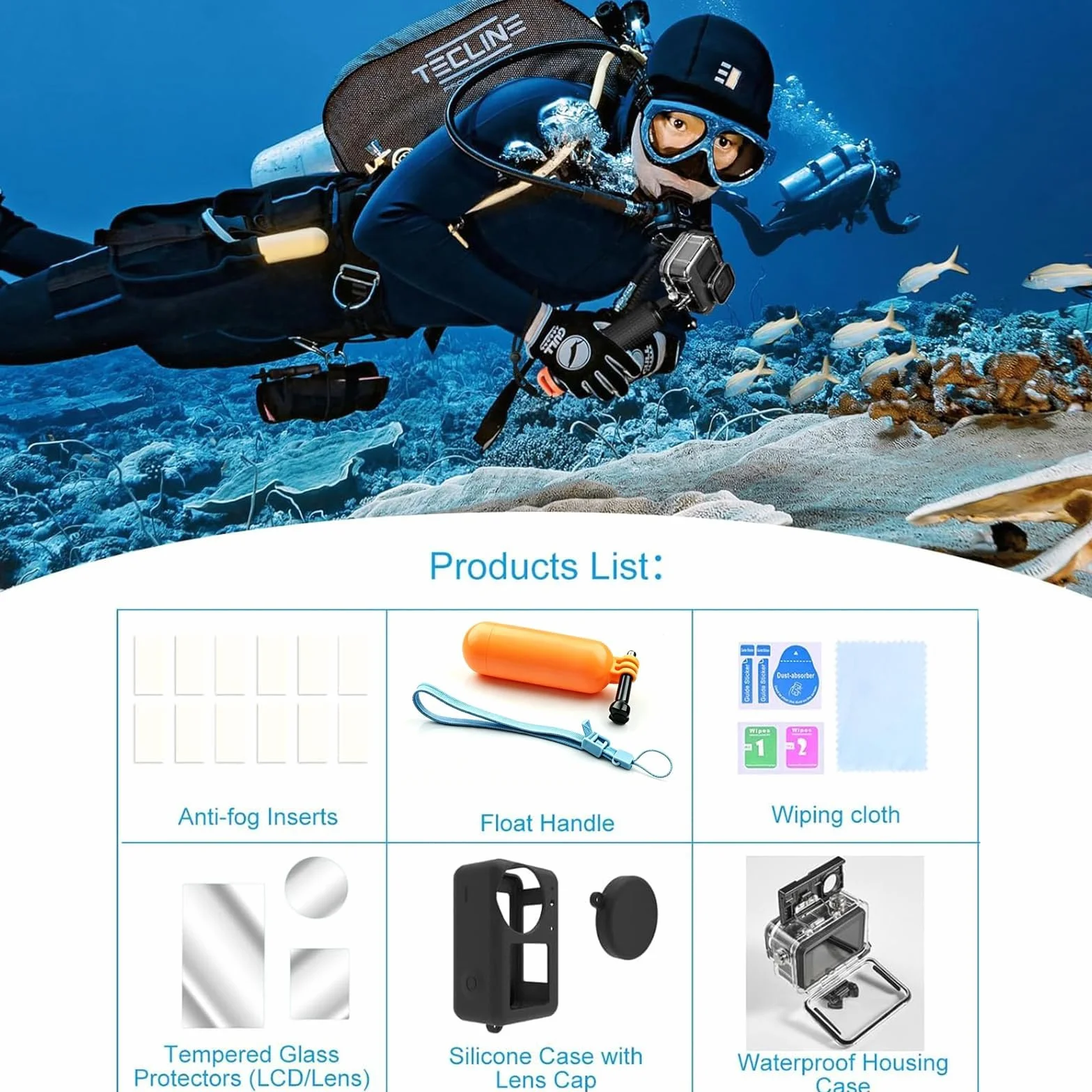 Wodoodporna Obudowa Nurkowania z Pływający uchwyt Etui Ochronne i Folie Szklane Zestaw Akcesoriów Kompatybilny z DJI Osmo Action 5 Pro/Action 4/Action 3 do Snurkowania, Surfingu, Wakeboardu | pływający uchwyt, osłona ochronna, szklana folia ochronna do nu