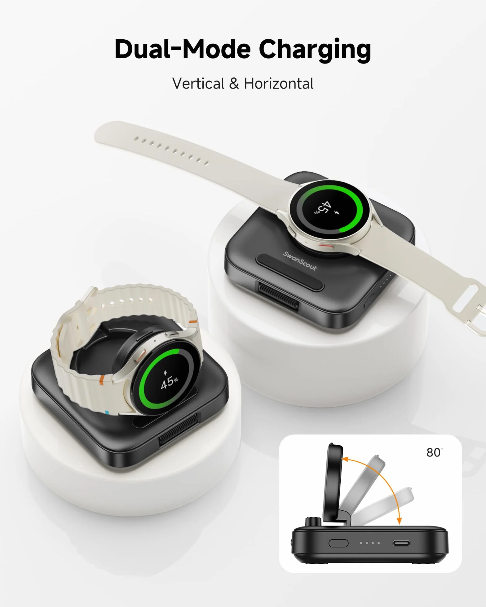 Przenośna Ładowarka dla Samsung Galaxy Watch 8/8 Classic/7/Ultra/FE/6/6 Classic/5/5 Pro/4/4 Classic/3/Active 2/Active, 1800mAh Zegarka Ładowarka do Podróży, SwanScout 303S