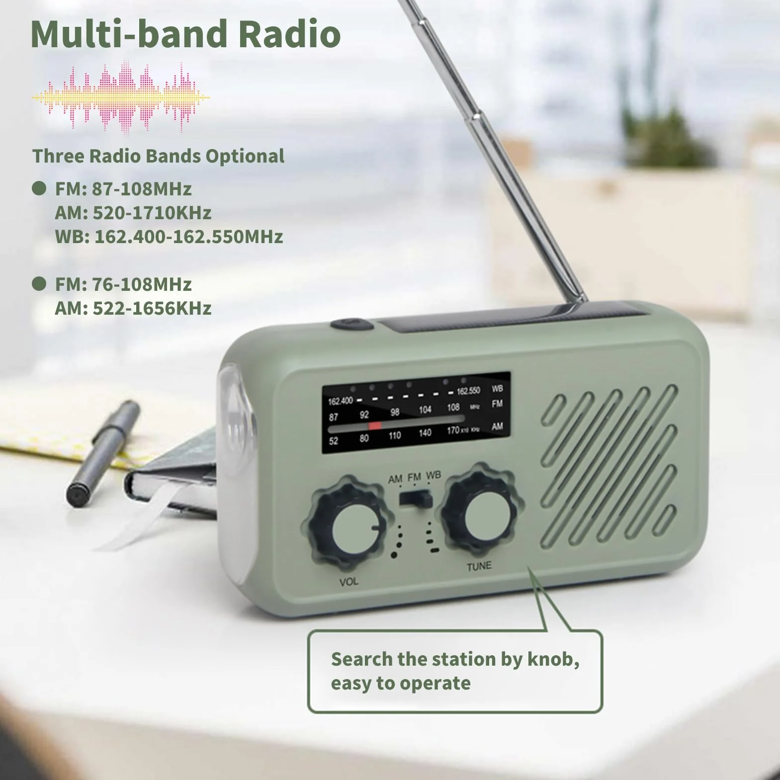 Fyearfly radio korbowe 2000mAh z dynamo, radio awaryjne ładowane solarnie, powerbank USB, radio AM/FM z alarmem SOS, światło LED do kempingu na zewnątrz