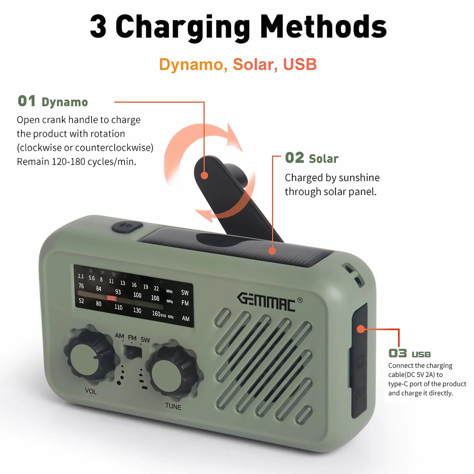 Radio Awaryjne z Korbą Ręczną, Przenośne Radio AM/FM 2000 mAh z Ładowarką Słoneczną, 3 Tryby Latarki Alarm SOS do Materiałów Awaryjnych, Sporty na świeżym Powietrzu, Sprzęt Survivalowy