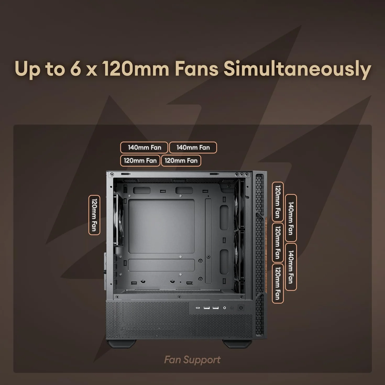 Okinos Drewniana obudowa Micro ATX, 4 × 120 mm 3-pinowe wentylatory bez PWM wstępnie zainstalowane, panel boczny ze szkła hartowanego, z type-C, czarny, cyprys 3 drewno