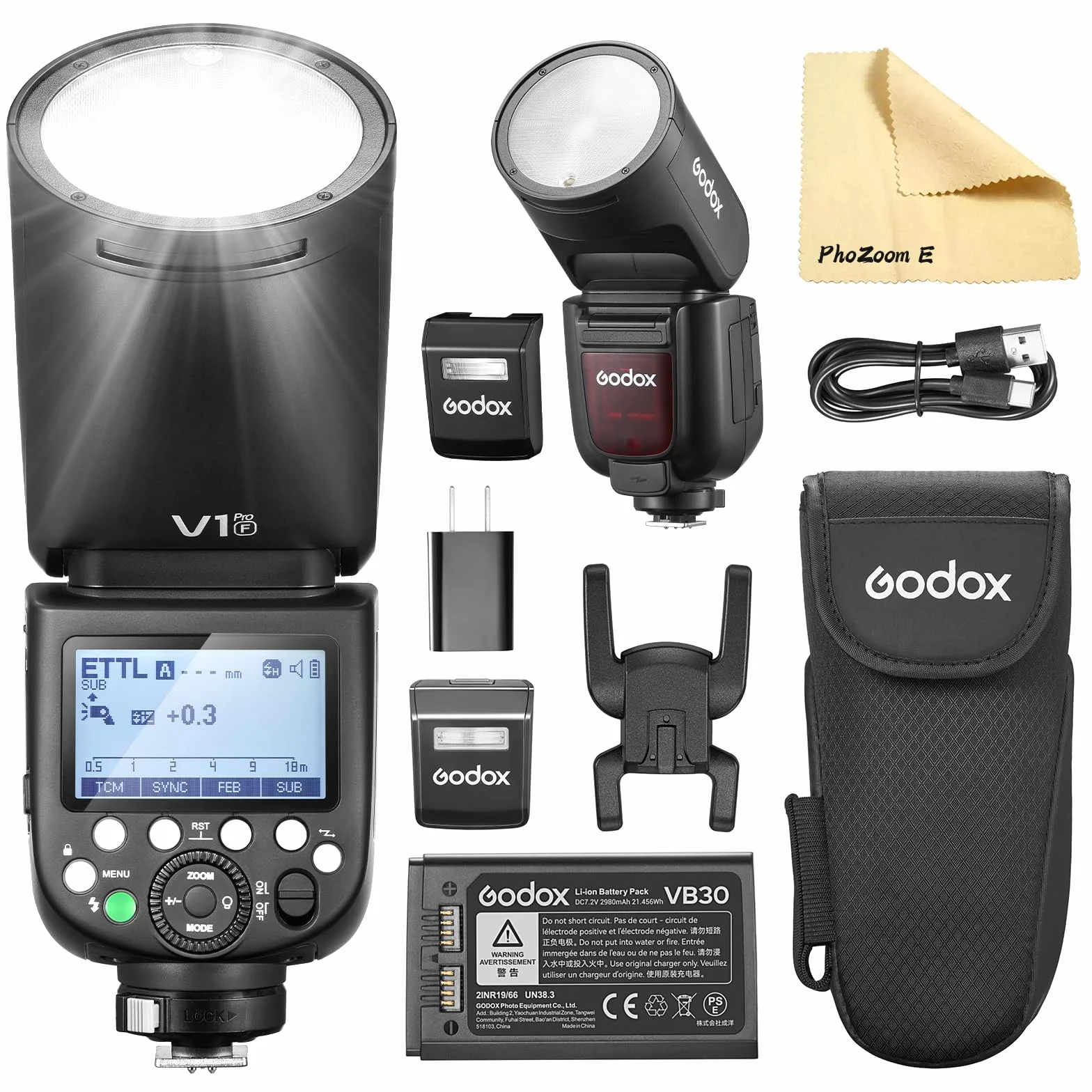 Godox V1PRO-F V1Pro F lampa błyskowa do kamery z okrągłą głowicą z 2 paczkami Godox VB30 2,4 G bezprzewodowy TTL Speedlight Strobe, 76Ws HSS 1/8000s z akumulatorem litowo-jonowym do kamer Fuji