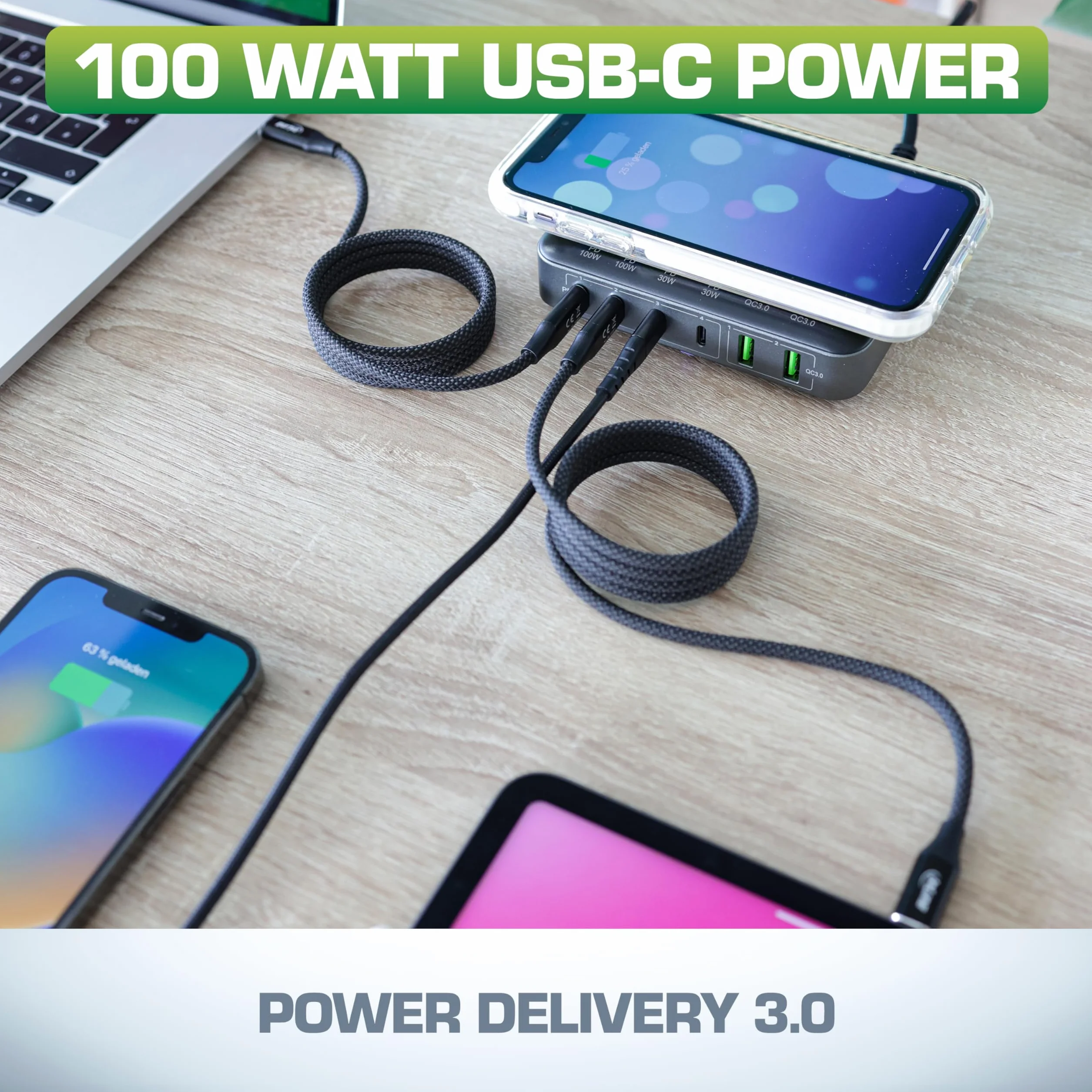 InLine Qi Powerstation 6-portowa, bezprzewodowa ładowarka, 4 x USB-C, 2 x USB-A, GaN, 100 W, szybka ładowarka, zasilacz do MacBook Pro/Air, iPhone/Pro/Mini, iPad Pro, Pixel i innych, czarna, 31517K