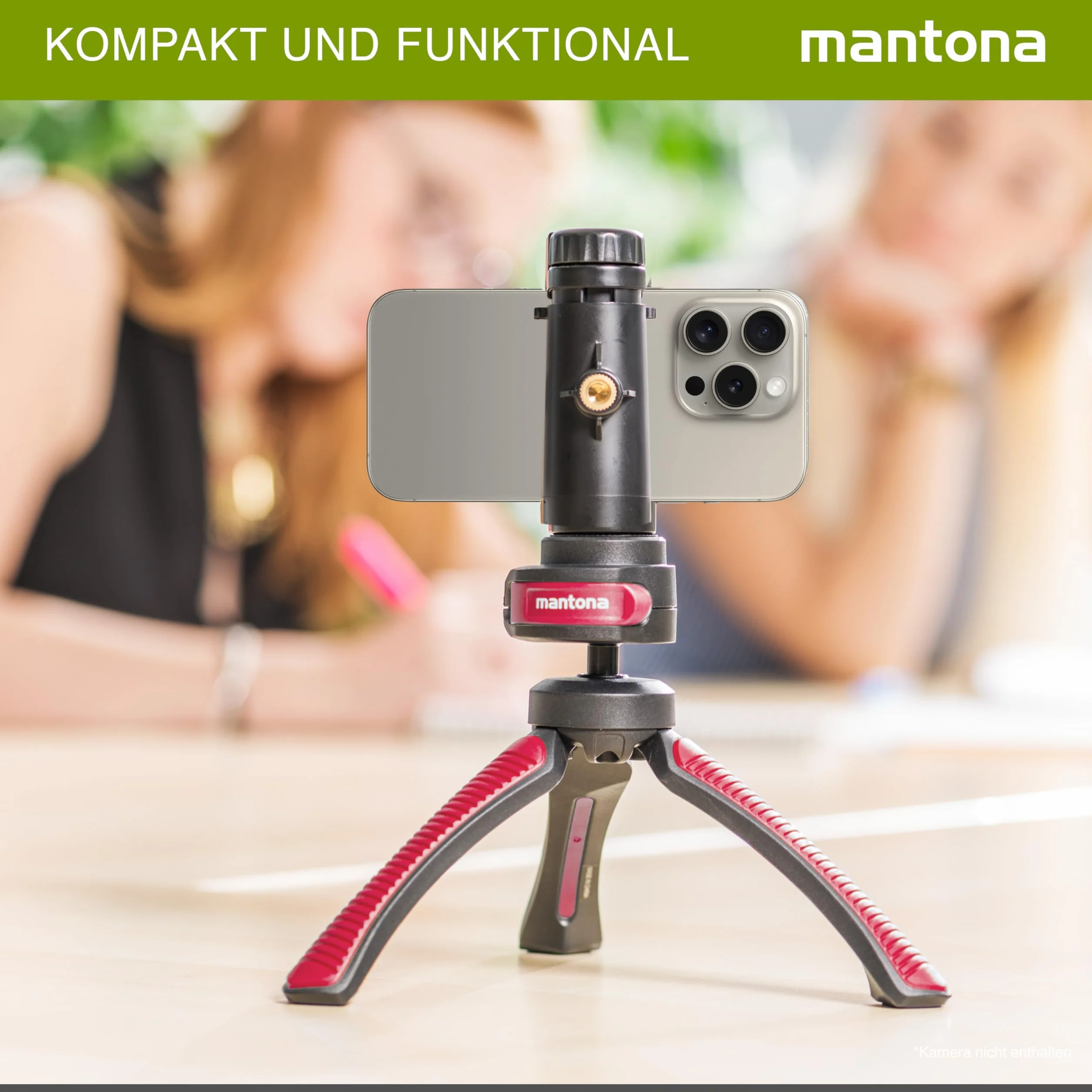 Mantona Kaleido Mini statyw z głowicą kulową 1/4 cala poziomica Chlafe Sundown Red
