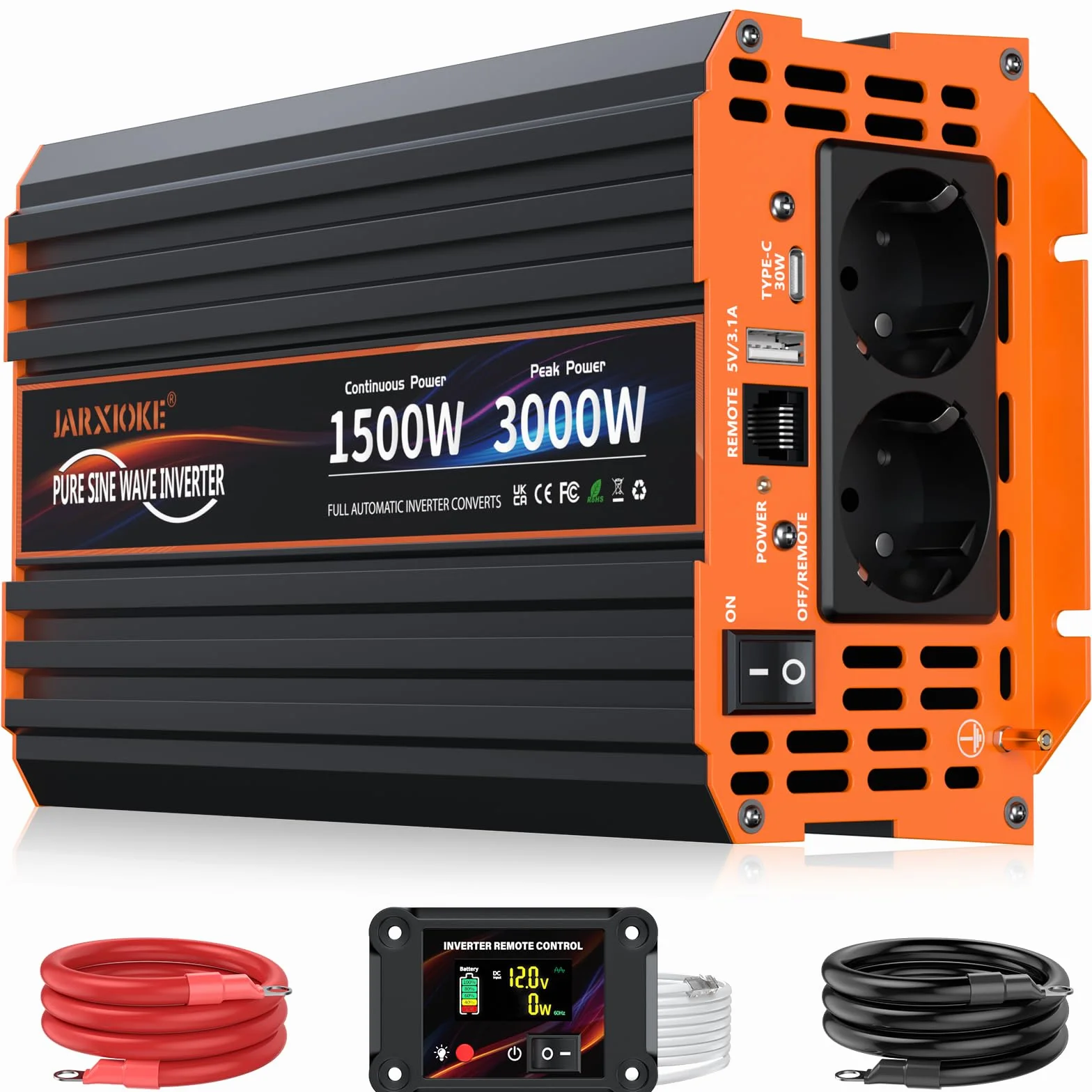 Falownik 12V na 230V 1500w Czysta Sinusoidalna Przetwornica Napięcia z Pilotem LCD, Portami USB, Portem typu C, 2 Gniazda AC do Solarnych,Pojazdów,Kamperów,Awarii Zasilania