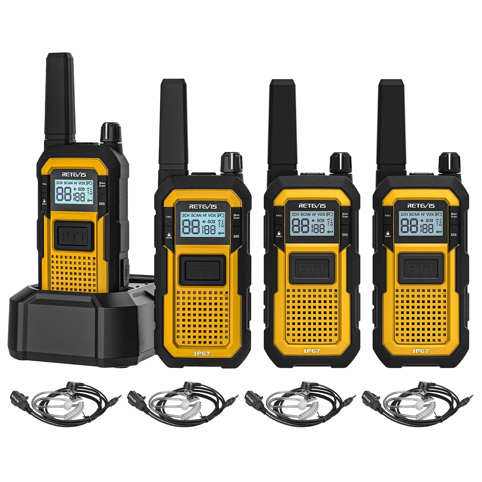 Retevis RB648 Walkie Talkie, Wodoodporne Krótkofalówki IP67, Podwójny Przycisk PTT, Wibracje SOS, 2000 mAh Typ C, Wytrzymałe Walkie-Talkie ze Słuchawką na plac Budowy (4 Szt, Żółty)