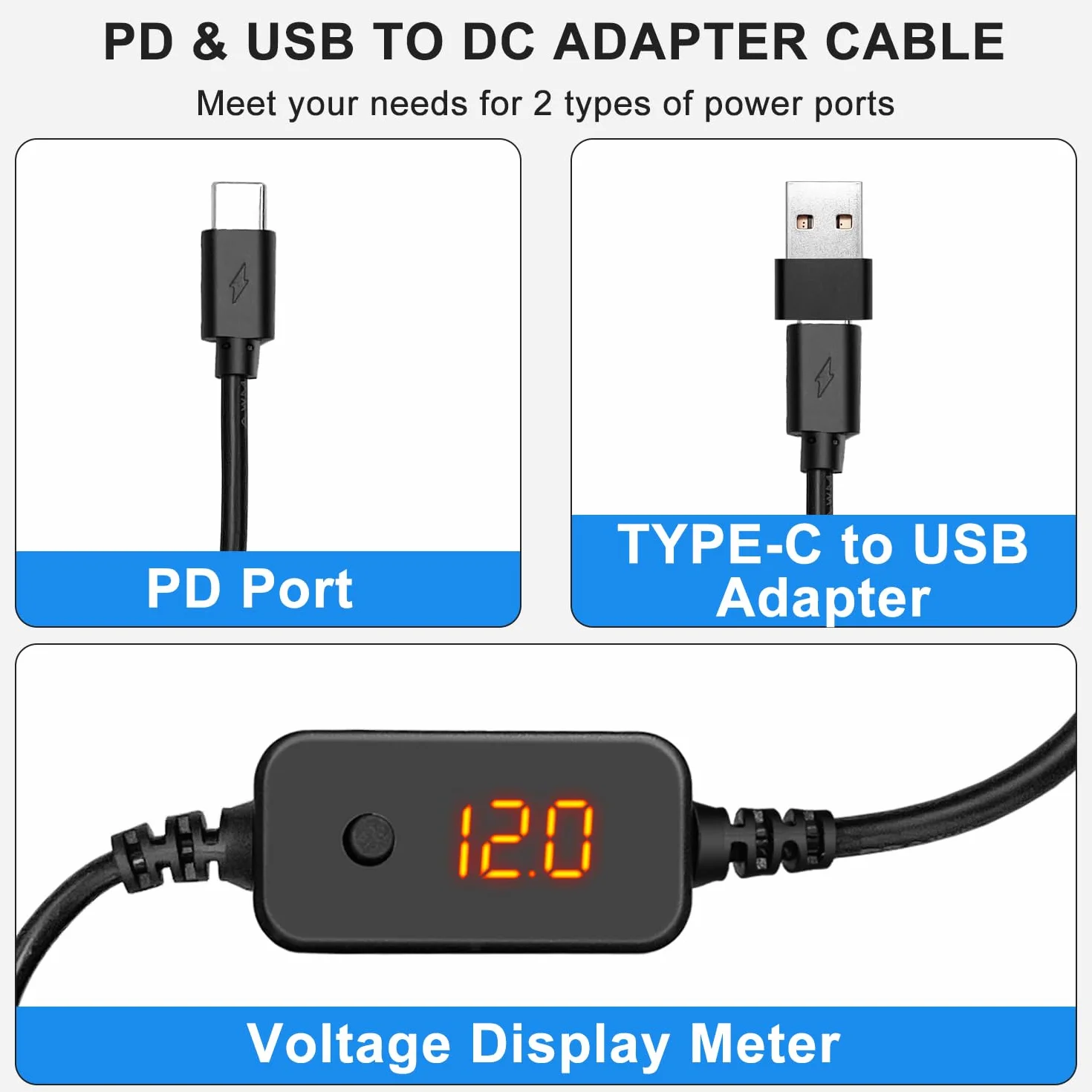 kabel adapter USB-C PD do DC [5V/9V/12V/15V/20V Regulowane] z 10 złączami DC + adapterem USB | Kompatybilny z laptopem, routerem, monitorem, kamerą | złącze 5,5×2,1mm | 1,2m (60W Power