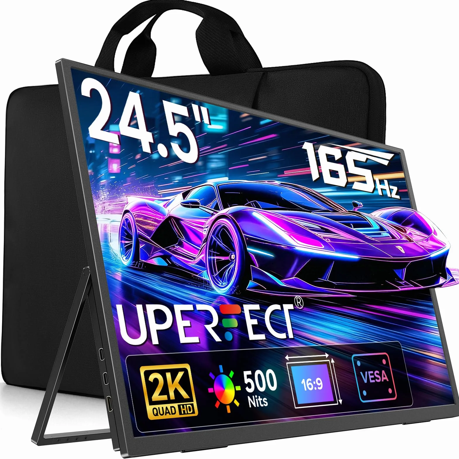 UPERFECT 24,5-calowy przenośny monitor 2K 165 Hz mobilny wyświetlacz z ekranem IPS QHD 2560 x 1440 Mini HDMI USB C do komputera Laptop Game Console, metalowy korpus, kompatybilny z VESA