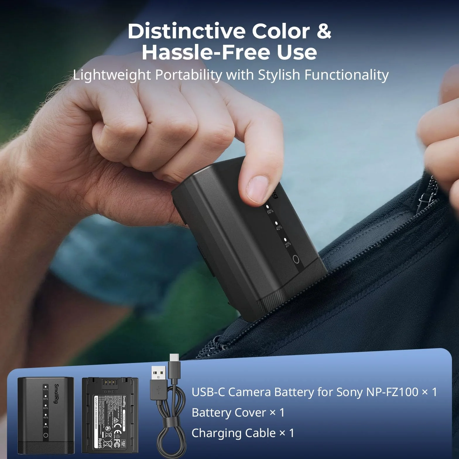 SMALLRIG NP-FZ100 Camera Battery for Sony, 2520mAh USB-C Battery with LED Indicator, 2.5H Fast Charge, Fully Decoded for Sony Alpha A7V A7III A7IV A6700 A6600 FX3 FX30 A9 A7CII A7RIII ZV-E10II - 5297 | Szybkie ładowanie 2,5 H, w pełni dekodowane dla Sony