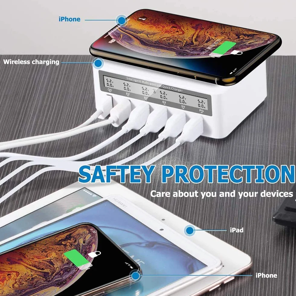Bezprzewodowa ładowarka wiele USB stacja ładująca 100 W szybkie ładowanie 6-portowa stacja ładująca biurkowa Hub z szybkim ładowaniem 3.0 port USB 18 W PD kompatybilny z iPhone iPad Samsung, biały