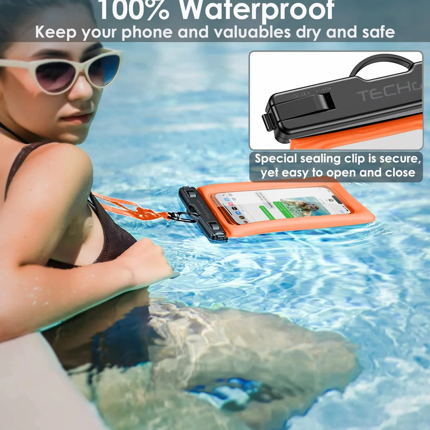 TECHGEAR Wodoodporne etui na telefon IPX8 pływające z smyczą kompatybilne iPhone 16e 16 15 14 13 12 Samsung Galaxy S25 S24 S23 Ultra A16
