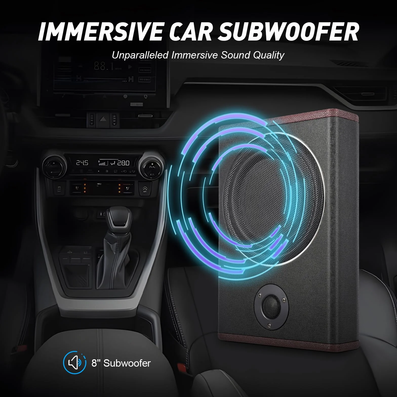 Subwoofer samochodowy wzmacniający, 8-calowy aktywny subwoofer o mocy 600 W, osłona głośnika, zapięcie na rzepy na spodzie do samochodów dostawczych, jeepów, SUV-ów, samochodów sportowych itp