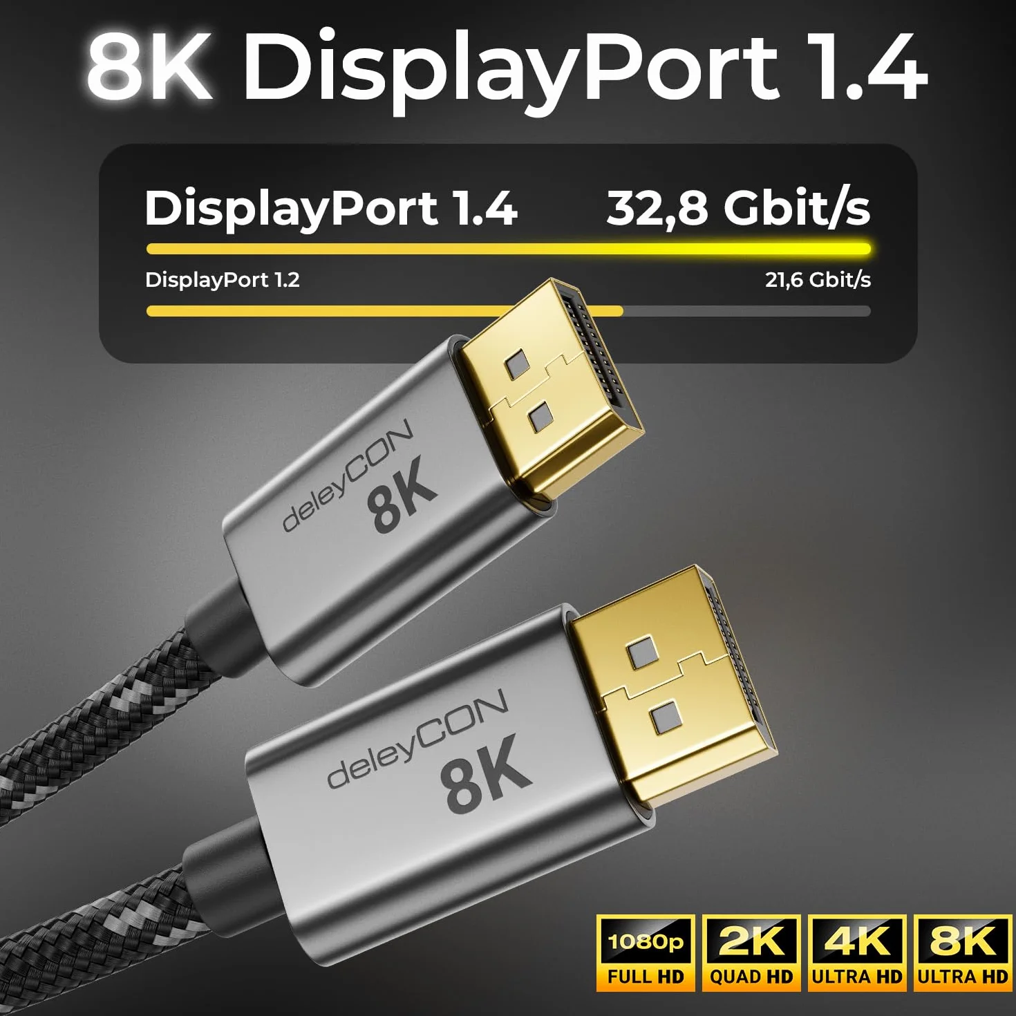 deleyCON 8K DisplayPort 1.4 Kabel 3,0m 32.4Gbps 8K@60Hz 4K@165Hz 2K@360Hz HBR3 UHD HDR HDCP 2.2 G-Sync FreeSync