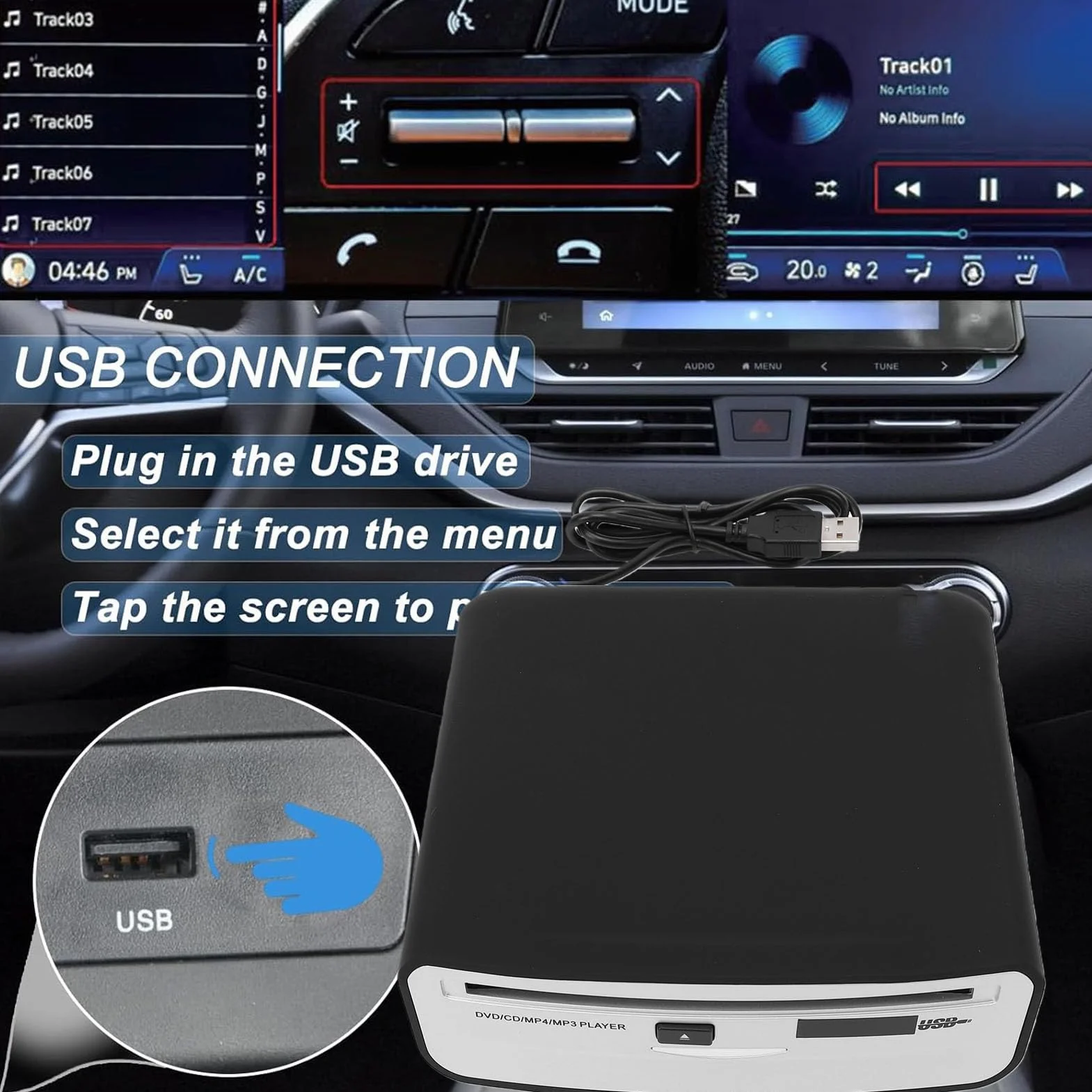 Focket Odtwarzacz CD USB do Samochodu, Funkcja Plug Play, Funkcja Anti-Skip Resume Playback Zewnętrzny Odtwarzacz CD do Samochodu, Przenośny Samochodowy o Kompaktowej Konstrukcji dla Systemu