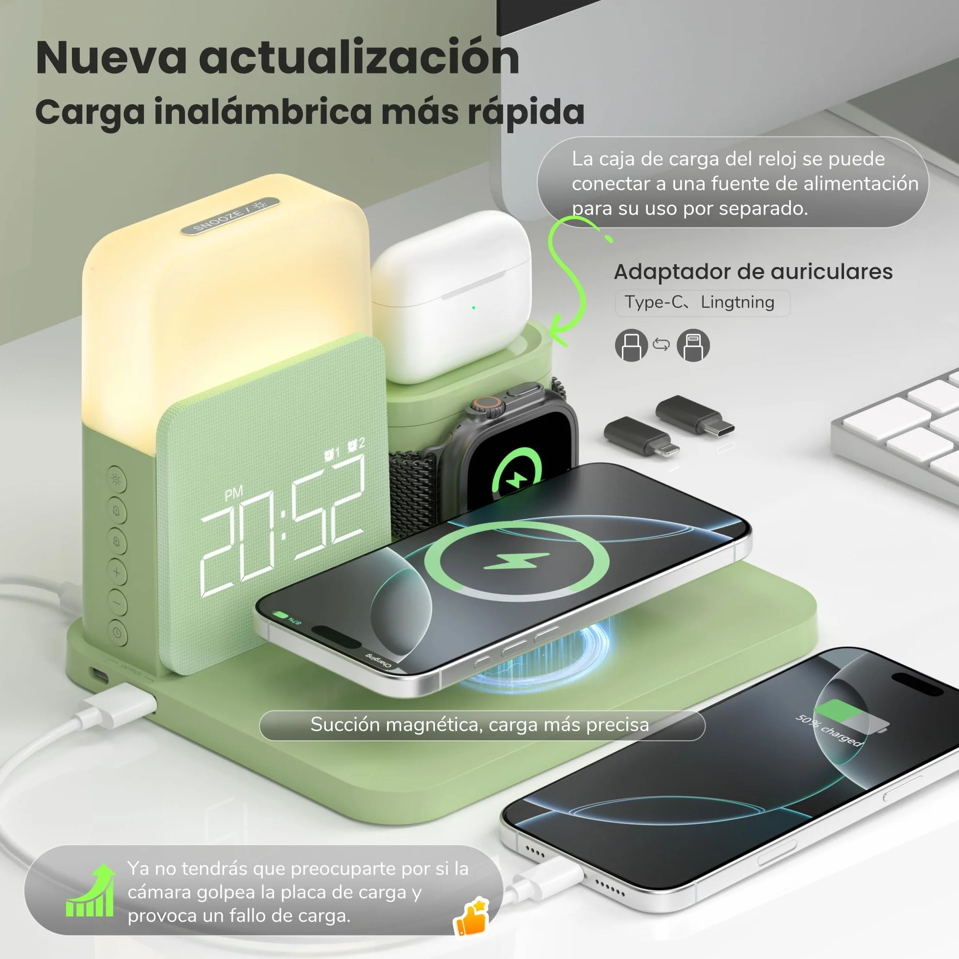 COLSUR Stacja ładująca 3 w 1 do Apple Watch iPhone Airpods, 15 W, szybka bezprzewodowa ładowarka do iPhone 17/16/15/14/13, lampka nocna z funkcją ładowania, budzik ze stacją ładującą, akcesoria do