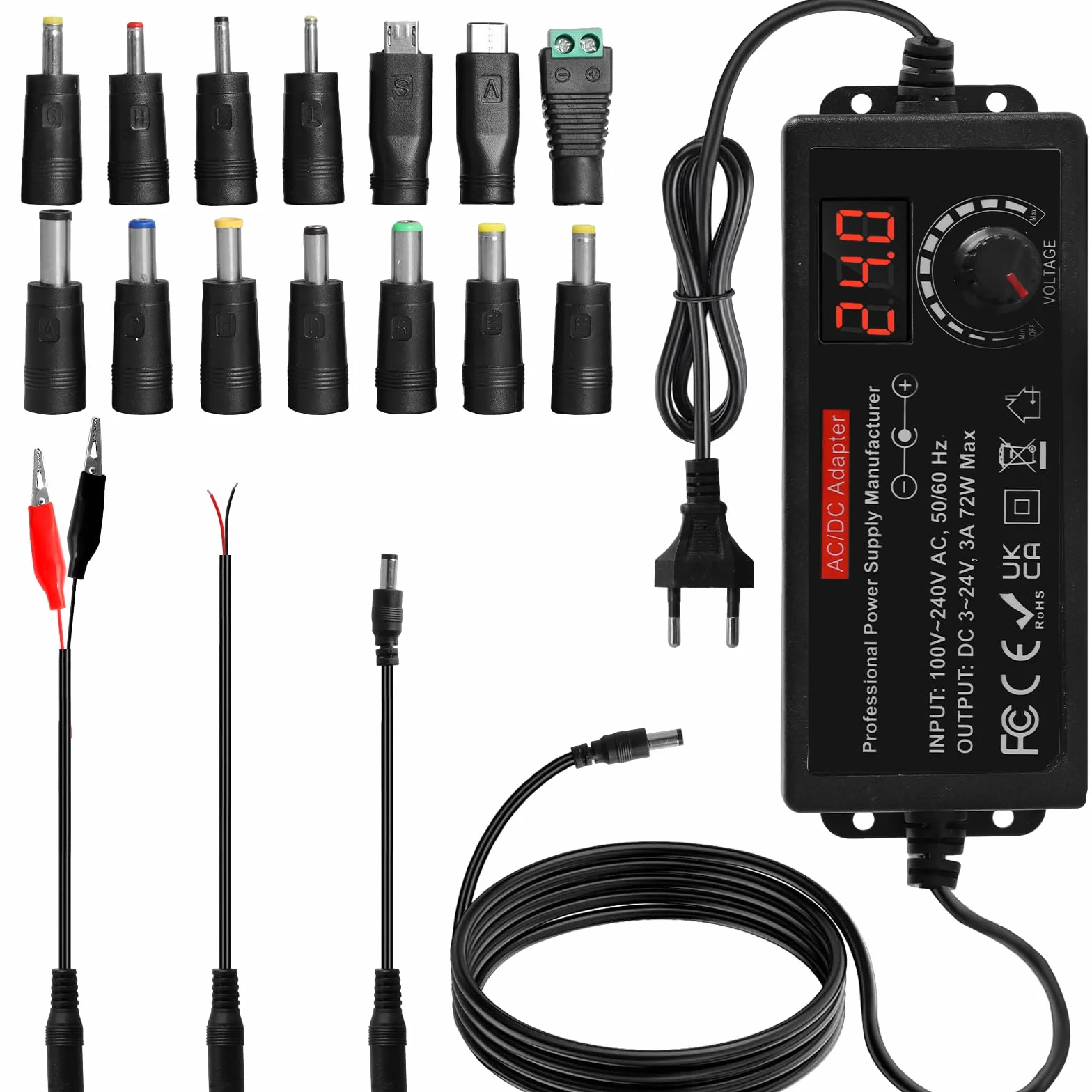 Uniwersalny zasilacz 3 V-24 V, regulowany zasilacz 100 V-240 V AC do DC ze wskaźnikiem napięcia LED 3 A 72 W, regulowany adapter sieciowy 5,5 x 2,5 mm, 16 końcówek, regulowany adapter sieciowy