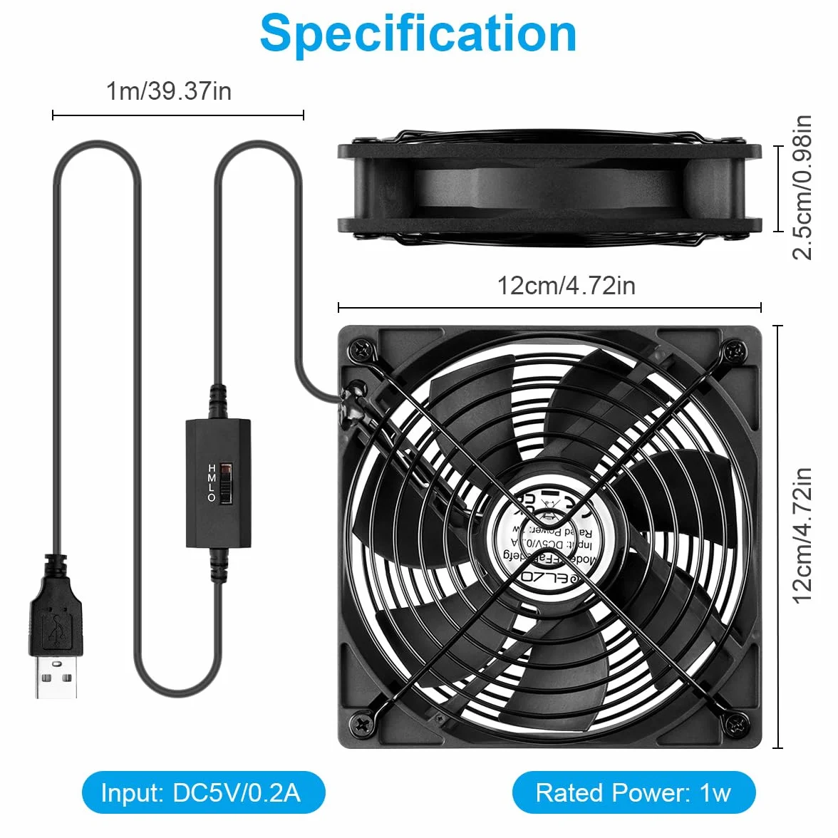 ELZO Wentylator PC USB 120 mm 5 V, przenośny elektroniczny wentylator do komputera chłodzącego 1500 obr./min z metalową kratką do laptopa/telewizora Box/szafki AV/PS4/router