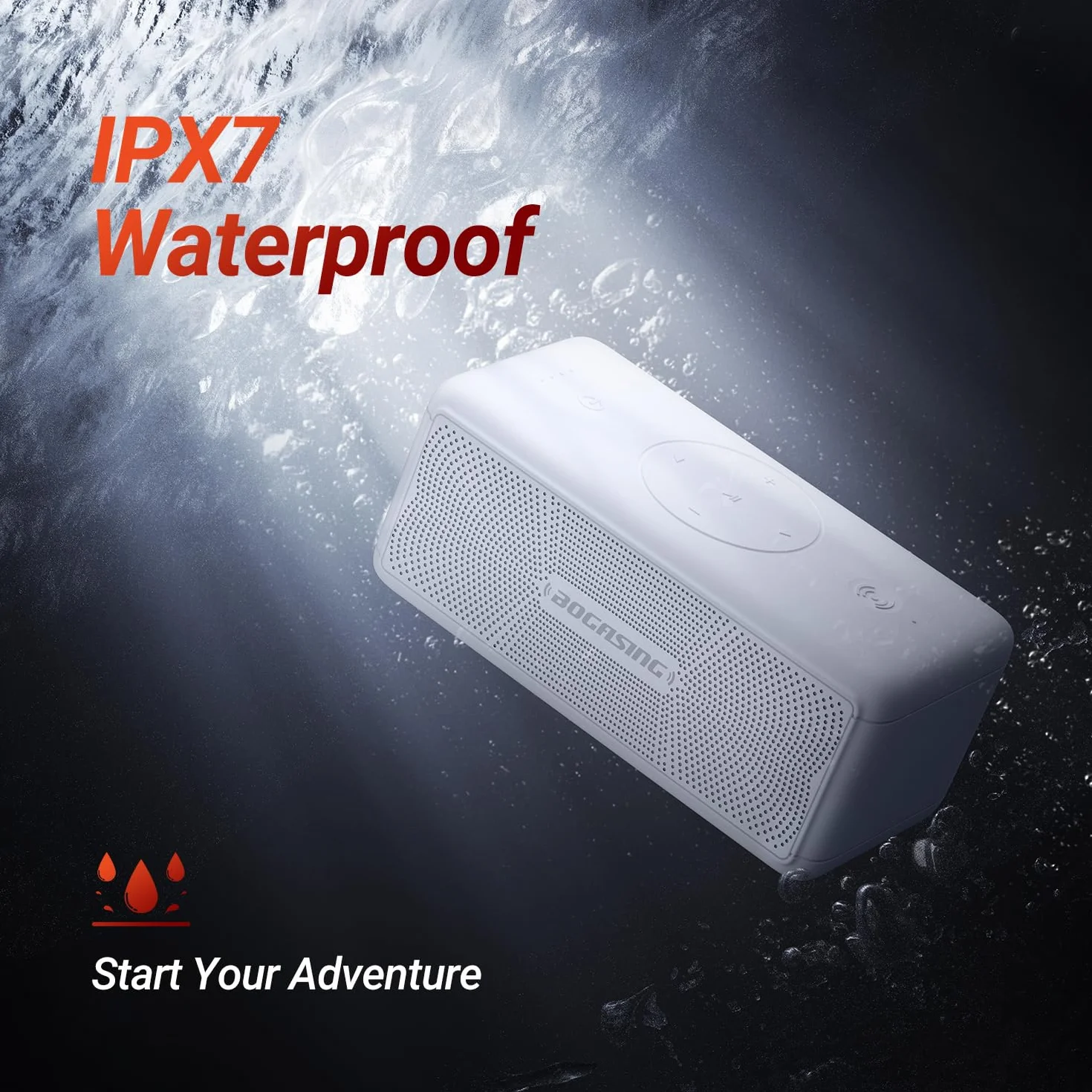 BOGASING Potężny głośnik M5, 40 W Surround Stereo, głębokie basy, 30 godzin autonomii, Bluetooth 5.3, wodoszczelność IPX7, EQ, AUX, karta TF, USB, przenośny bezprzewodowy do użytku na zewnątrz (biały)