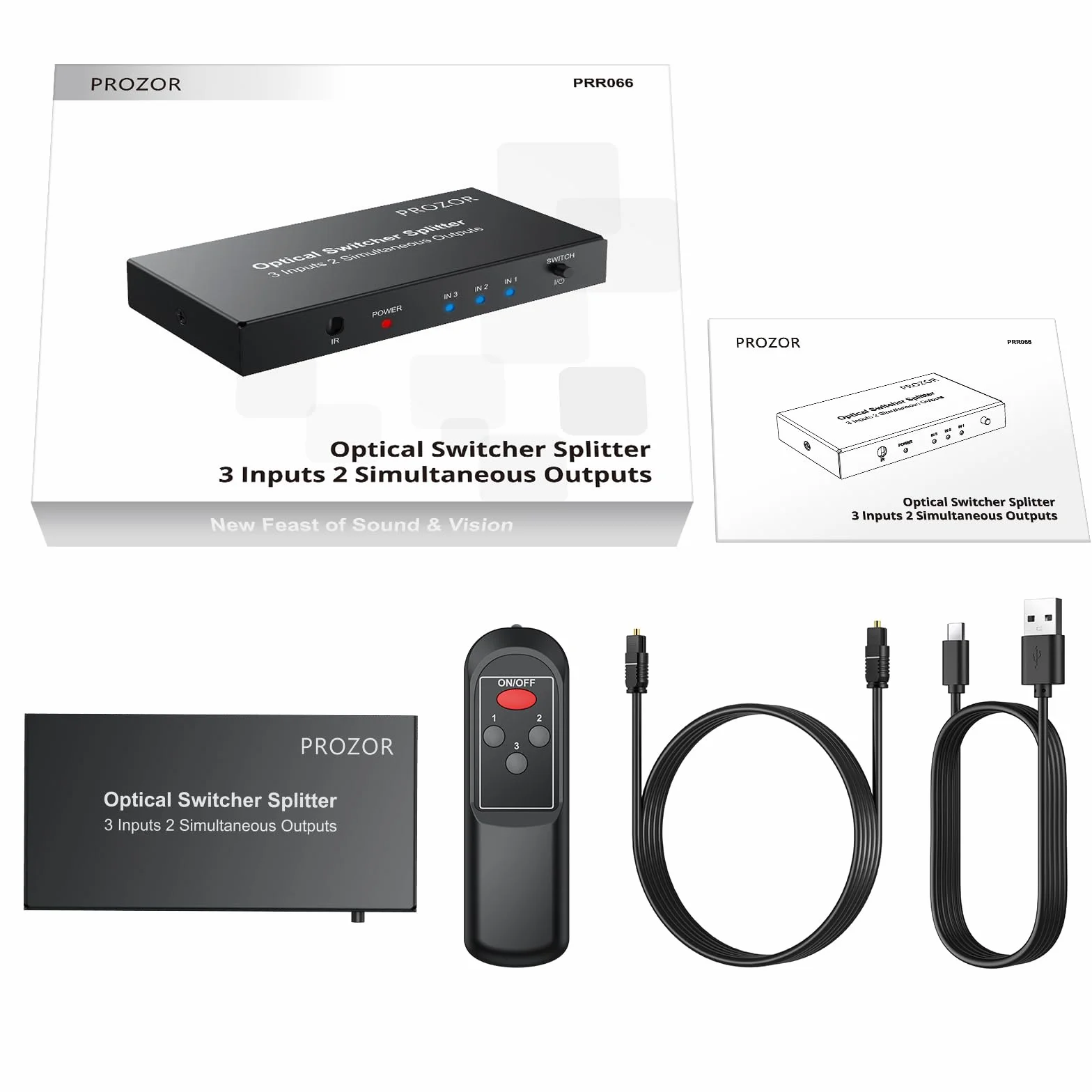 PROZOR Cyfrowy optyczny rozdzielacz audio Optyczny rozdzielacz 3 wejścia 2 wyjścia Z 1-metrowym kablem światłowodowym, pilot zdalnego sterowania LPCM 2.0/DTS/Dolby-AC3