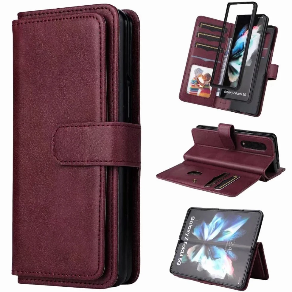 Do Galaxy Z Fold 3 5G Etui PU Skórzane zamknięcie magnetyczne 10 Posiadacz karty Podpórka Twarda obudowa PC do Samsung Z Fold4 S22 S21, Ciemnoczerwony, Do Samsung S22