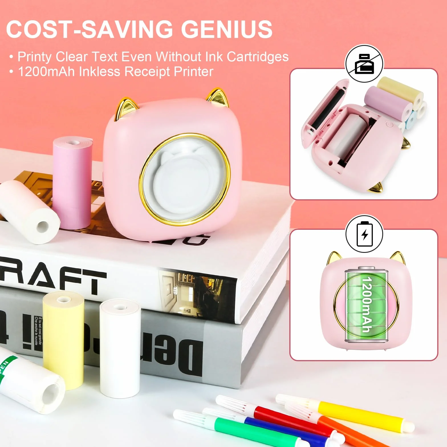 GuKKK Mini drukarka, mobilna drukarka fotograficzna, przenośna, mini drukarka fotograficzna z siedmioma kolorami LED, bezprzewodowa drukarka fotograficzna, drukarka termiczna do smartfonów, drukarka