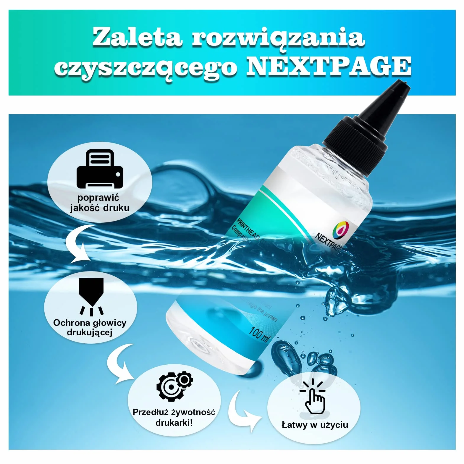 Nextpage Zestaw do czyszczenia głowicy drukującej, 100 ml x 2, do wszystkich drukarek atramentowych Epson, HP, Canon, Brother, Lexmark, Kodak i Samsung