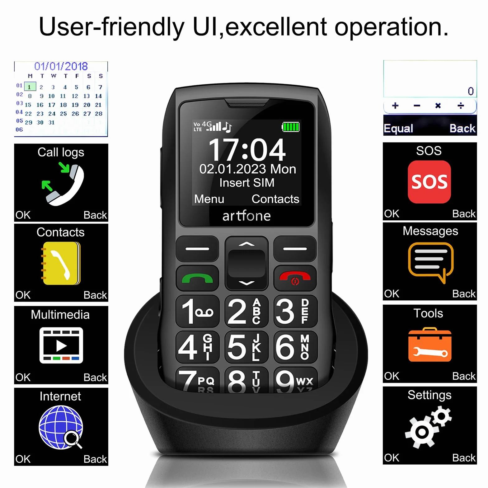 artfone Telefon komórkowy dla seniorów C1+4G bez umowy, telefon komórkowy dla seniorów, z dużymi przyciskami, akumulator 1800 mAh, przycisk SOS - telefon komórkowy z dużym przyciskiem ze stacją