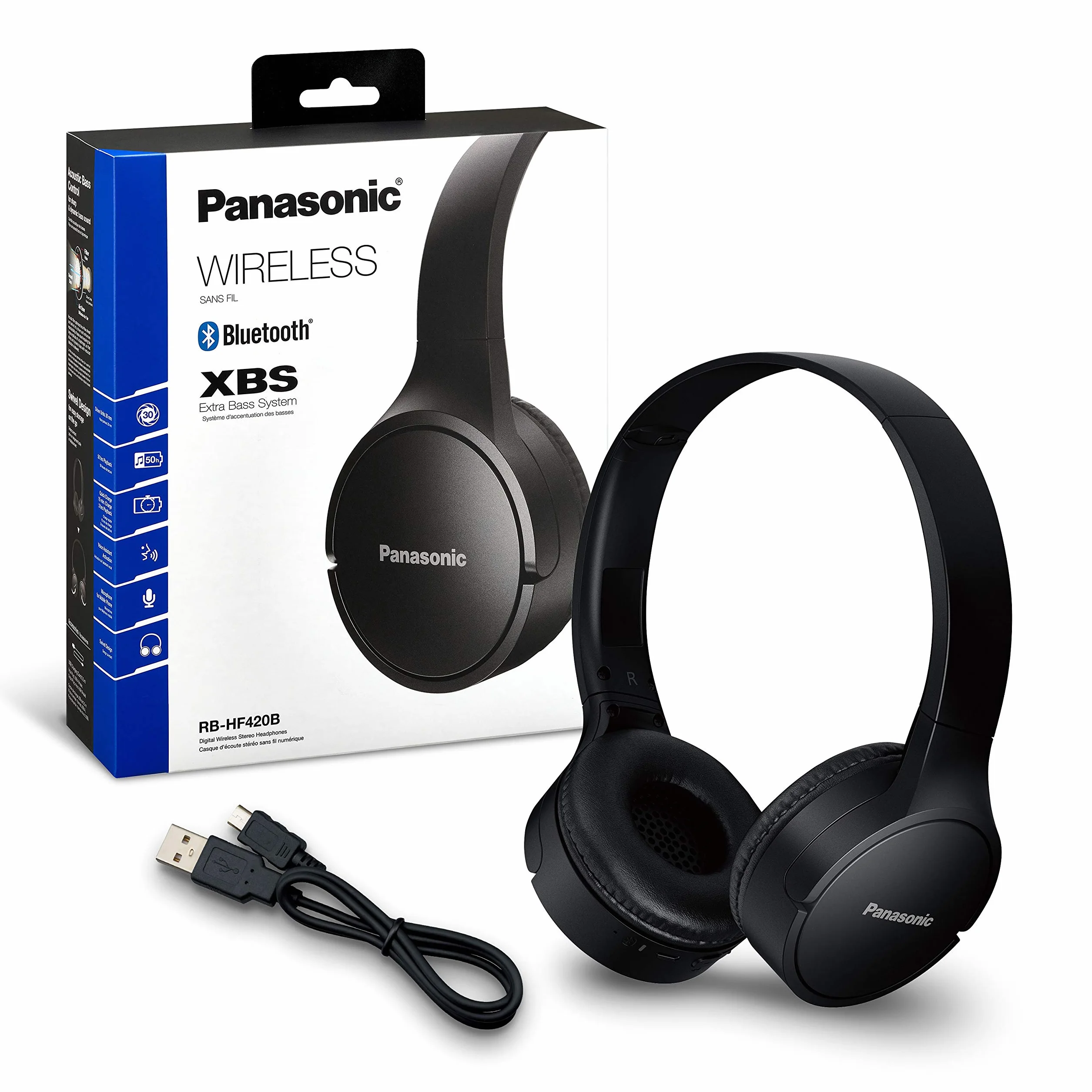 Panasonic RB-HF420 bezprzewodowe nauszne słuchawki Bluetooth w stylu ulicznym (potężny bas z systemem XBS, 50h odtwarzania, szybkie ładowanie), czarne