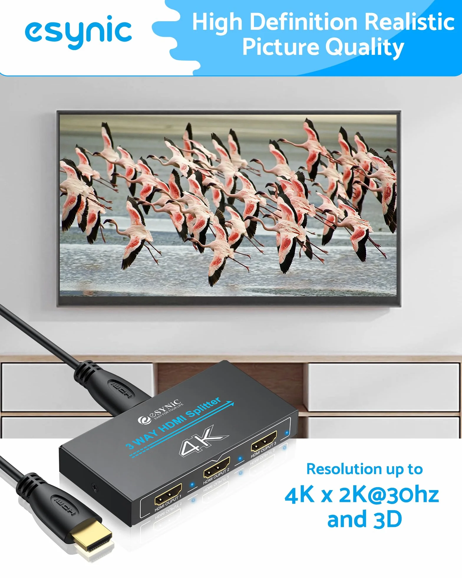 eSynic Rozdzielacz HDMI 4K HDMI rozdzielacz 1 w 3 out, jednocześnie obsługuje 4K 3D HD 1080P do Xbox PS4 PC HDTV