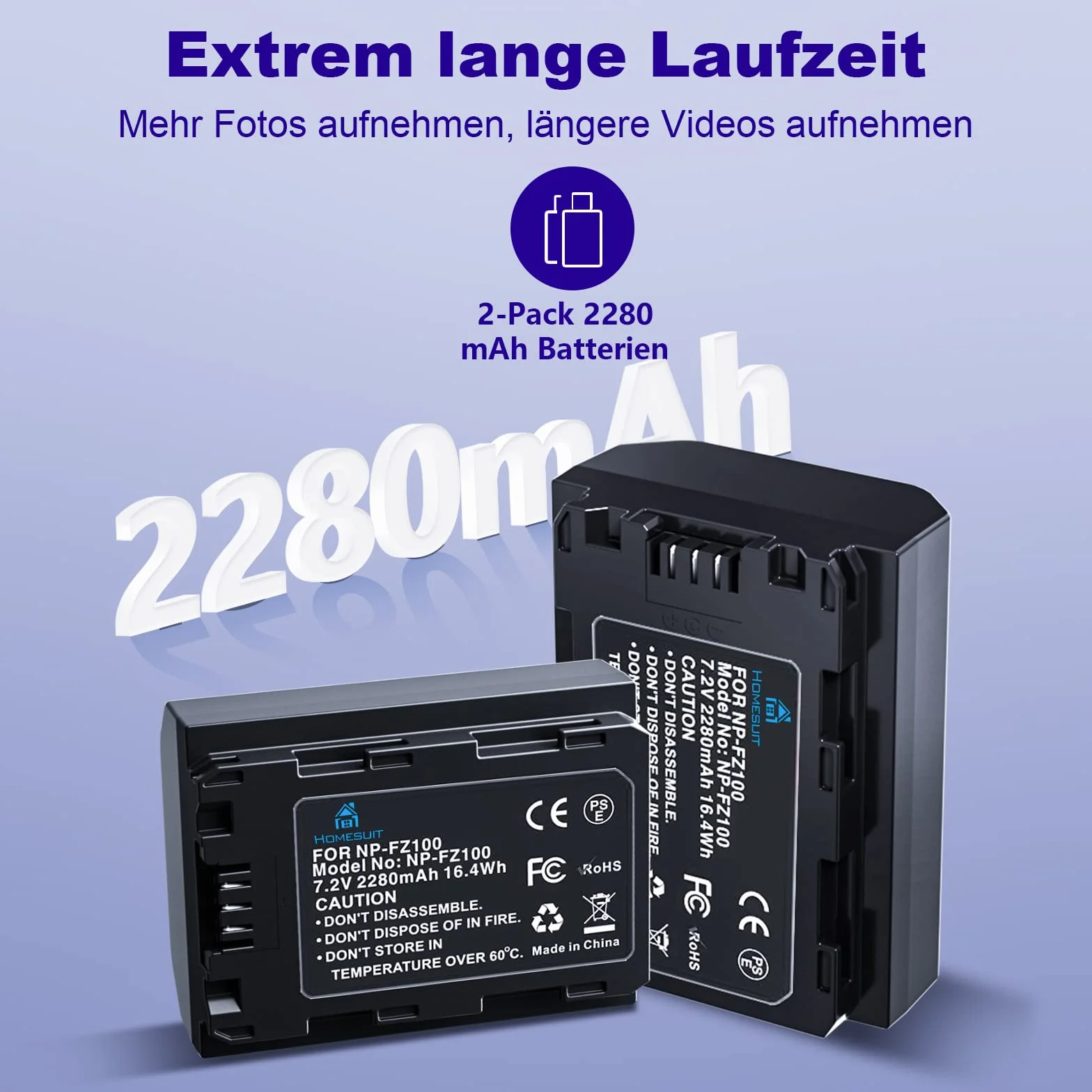 Homesuit NP-FZ100 akumulator 2280 mAh i podwójna ładowarka do Sony ZV-E1 FX3 FX30 A7RIII A7RV A7RIV A7SIII A7III A7IV A7C A7CII A6600 A6700 Alpha A1 A9 A9II A9III 9R A9R 9S (2 sztuki)