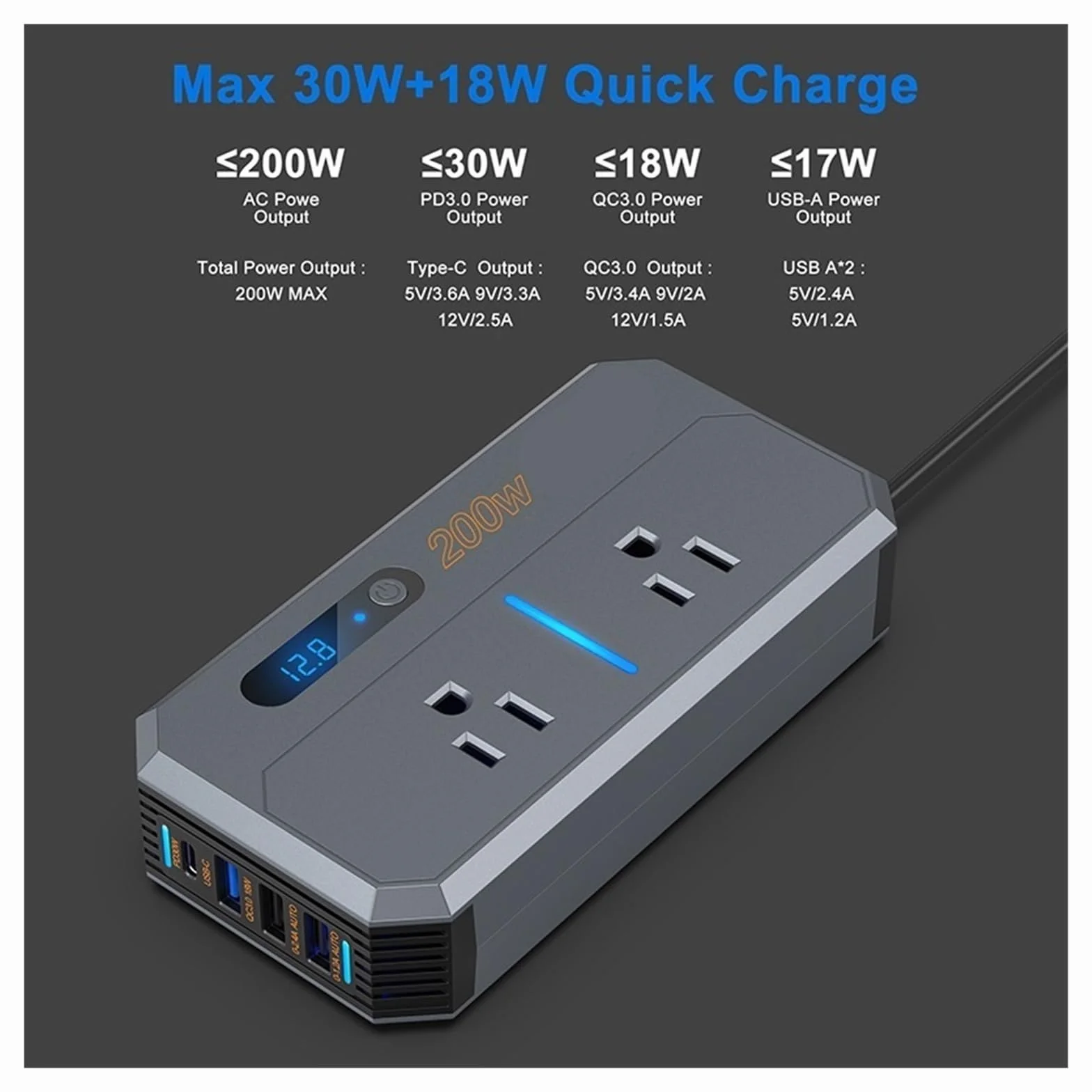 Falownik, 200W Inwerter samochodowy Zapalniczka samochodowa Szybkie ładowanie USB Konwerter zasilania Gniazdo PD Ładowarka samochodowa(7711-12V)