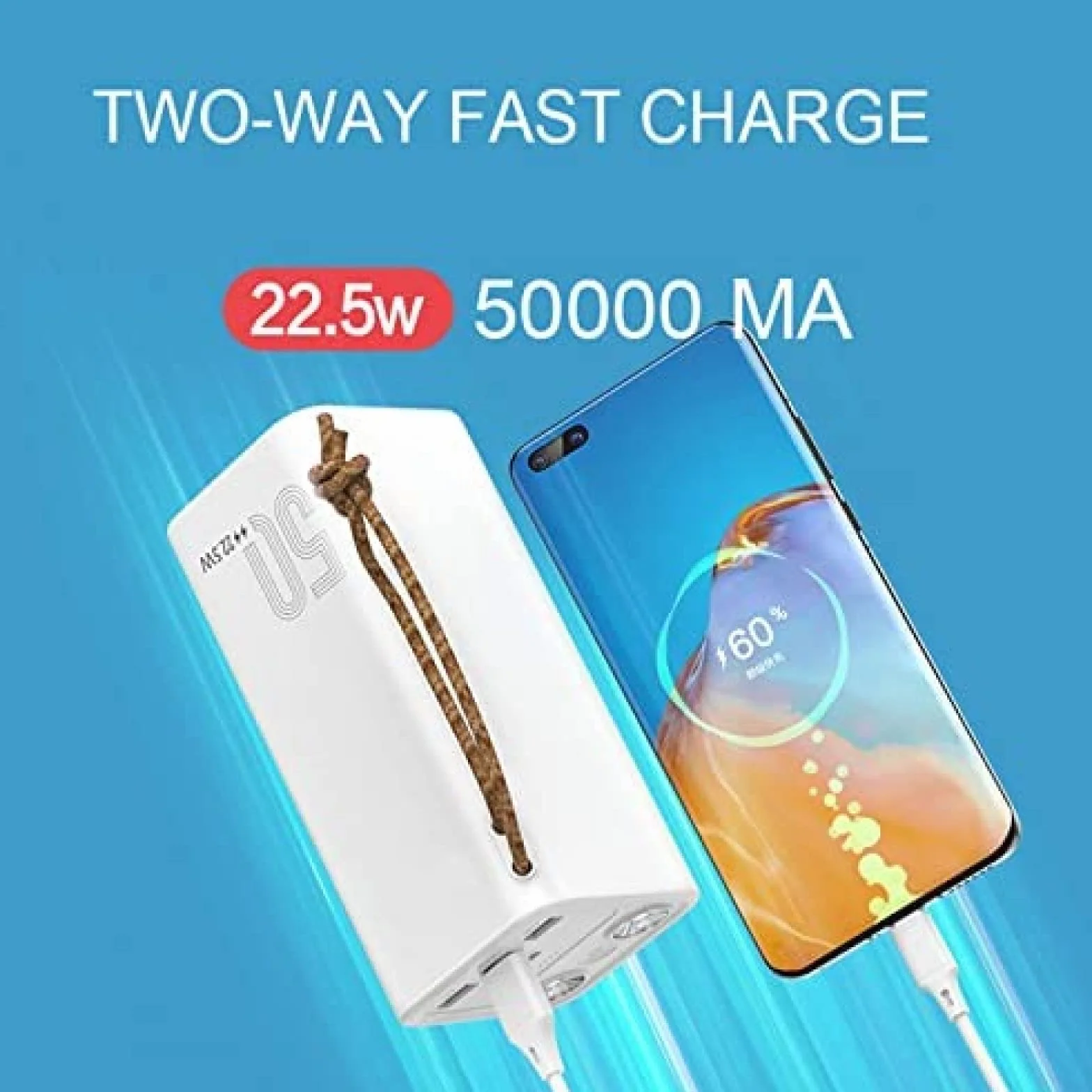 Power Bank 50000Mah Duża pojemność 22,5W Szybkie ładowanie Powerbank Zewnętrzna ładowarka do baterii Zapasowa bateria Pomocnicza bateria do telefonu, biała