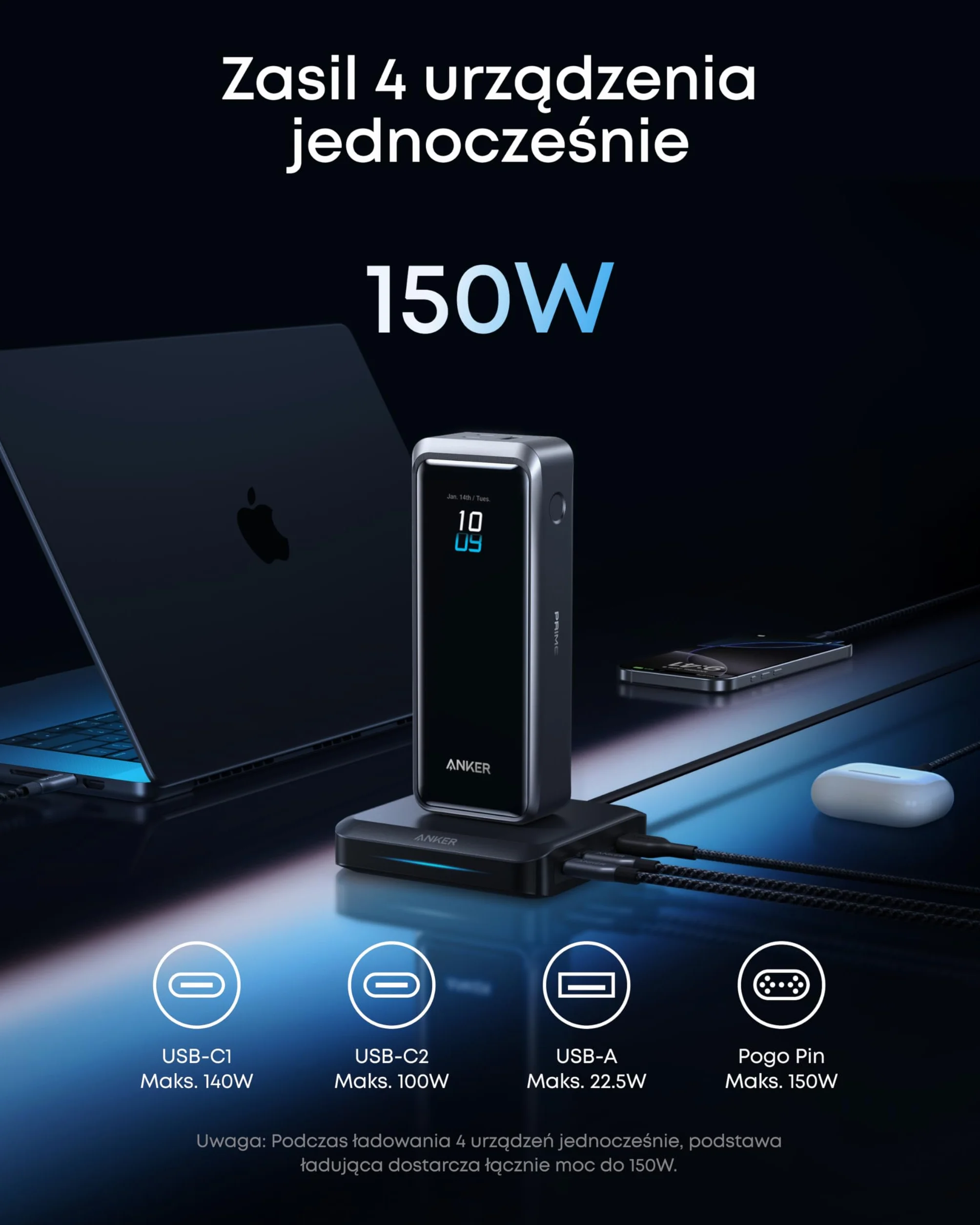Anker stacja ładująca Prime, 150 W, 4 urządzenia, Pogo Pin | 150 W, ładowanie 4 urządzeń, kompatybilna z urządzeniami MacBook, iPhone, Samsung