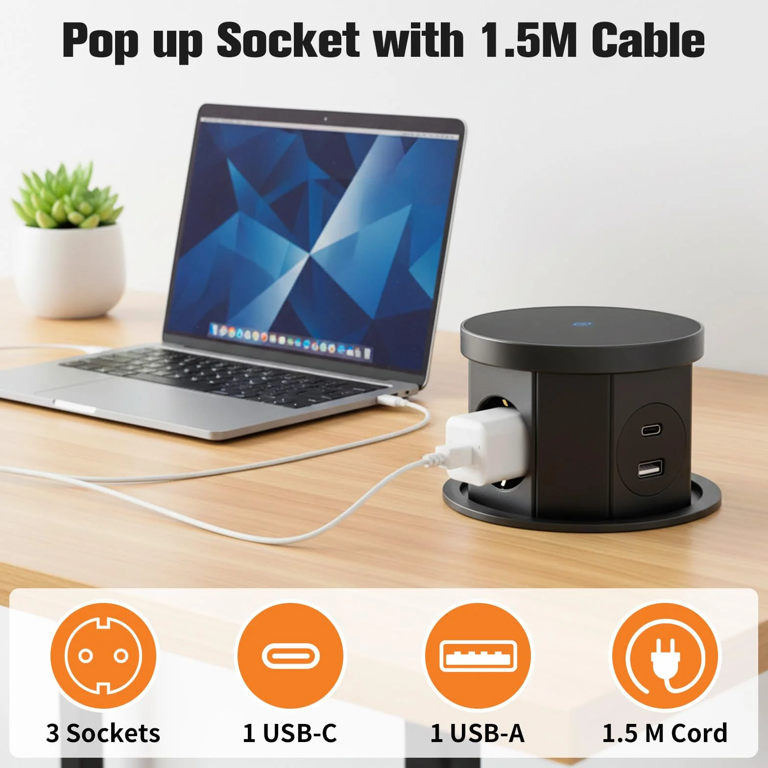 3-krotne wpuszczane gniazdko, z bezprzewodową ładowarką 15 W, 1 USB C, 1 USB-A, wpuszczane gniazdko kuchenne, kabel 1,5 m, do biura, kuchni, sypialni, średnica 120 mm
