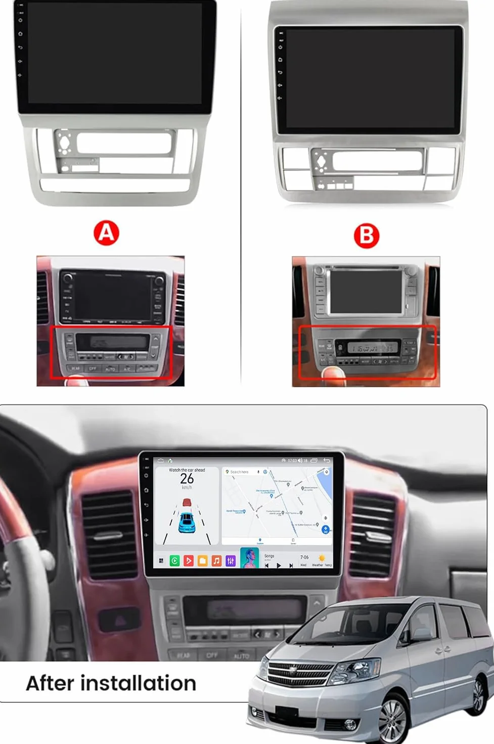 A,Y600S, Android 15.0 Stereo zamiennik dla Alphard 2002-2007 Radio samochodowe z nawigacją GPS 9-calowy przenośny odtwarzacz multimedialny DVD Odbiornik FM BT z Android Auto CarPlay