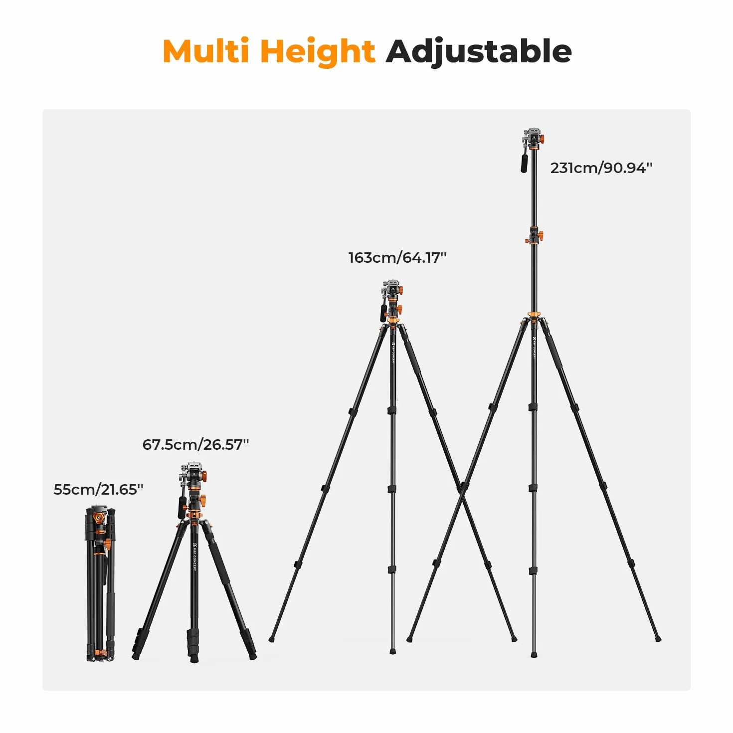 Statyw do aparatu, K&F CONCEPT statyw wideo, tripod z głowicą płynu, 231 cm statyw z kolumną środkową 90° i zdejmowanym statywem monopodowym, aluminiowy statyw podróżny T254A7+FH-03 do DSLR