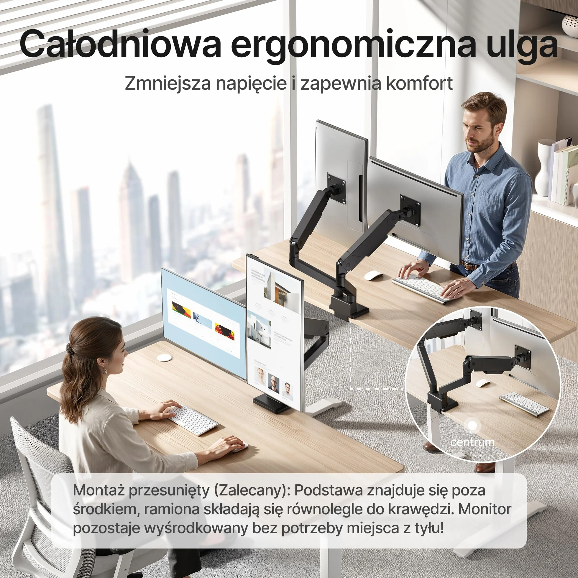 monTEK Uchwyt do monitora, 2 monitory do ekranów 17-35" | ramię monitora utrzymuje 1-16 kg, VESA 75/100, stojak na monitor z pochyleniem, wychylenie, obracanie, czarny