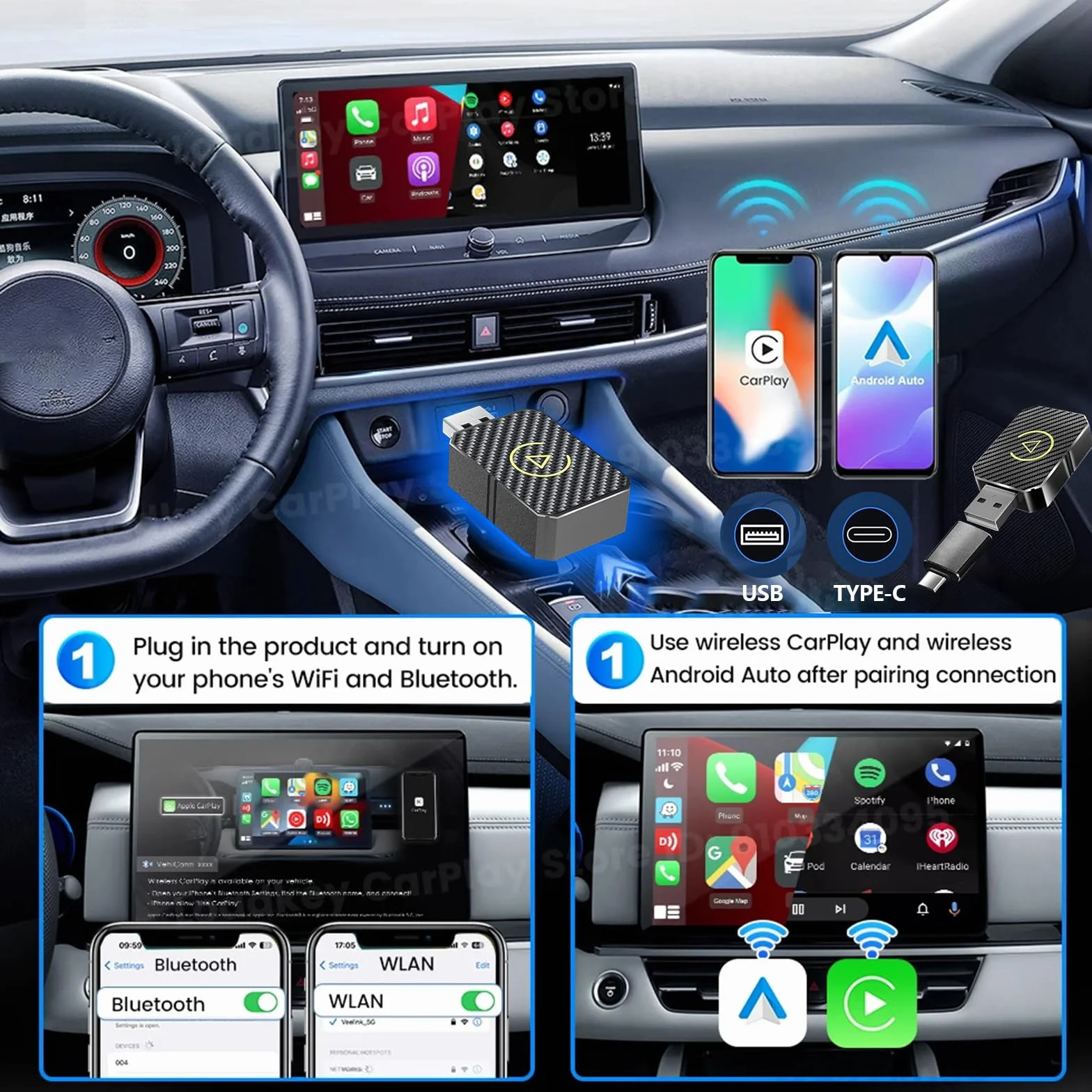 Bezprzewodowy adapter Carplay, 2025 Upgrade bezprzewodowy adapter Android Auto, 2 w 1 bezprzewodowy auto stick Carplay Kompatybilny, Plug & Play, Kompatybilny z samochodami od 2016 i iOS 10+