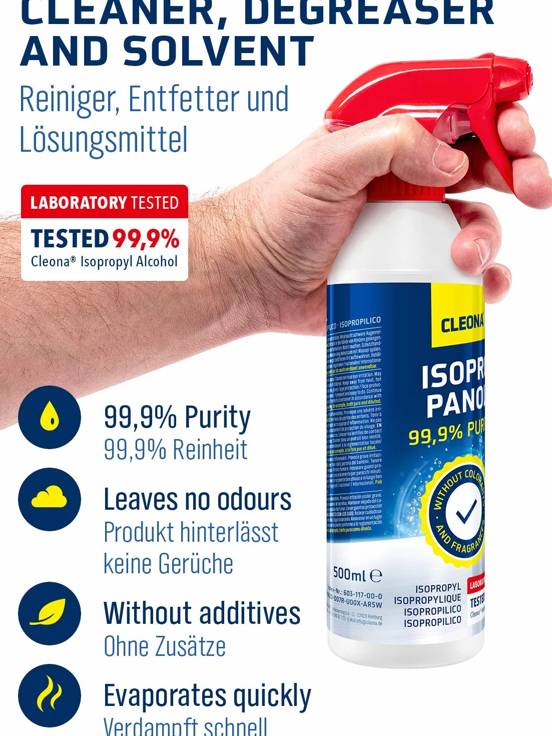 Izopropanol 99,9% Spray 500 ml – Wysoce czysty spray czyszczący z alkoholem izopropylowym do elektroniki, optyki, tworzyw sztucznych, druku 3D i powierzchni