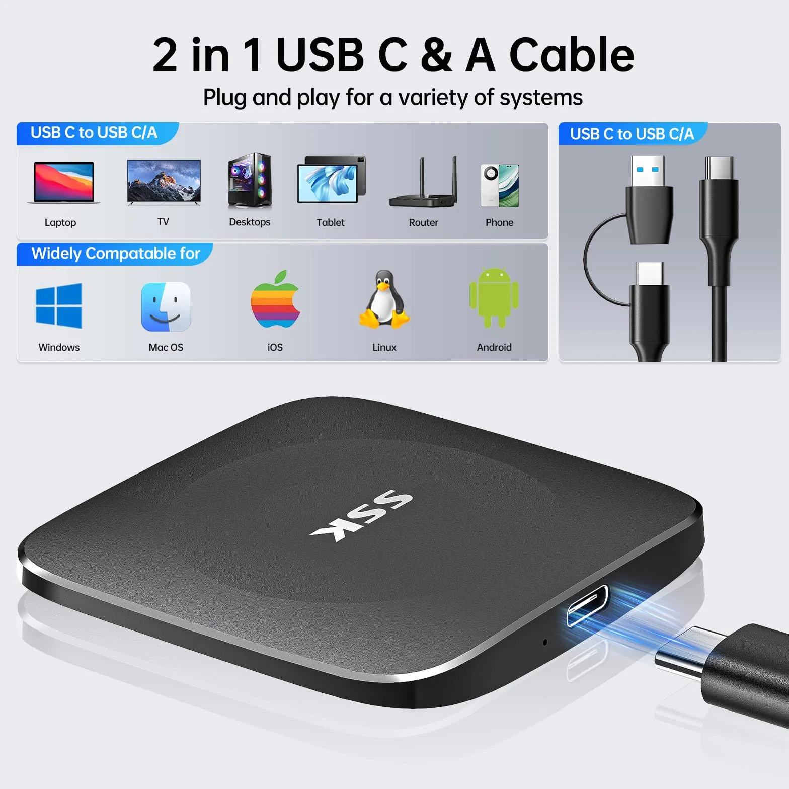 SSK Zewnętrzny dysk twardy 2TB SSD, do 550 MB/s, przenośny SSD, z kablem USB-C, szybki do iPhone 15/Android/Windows/Tablet