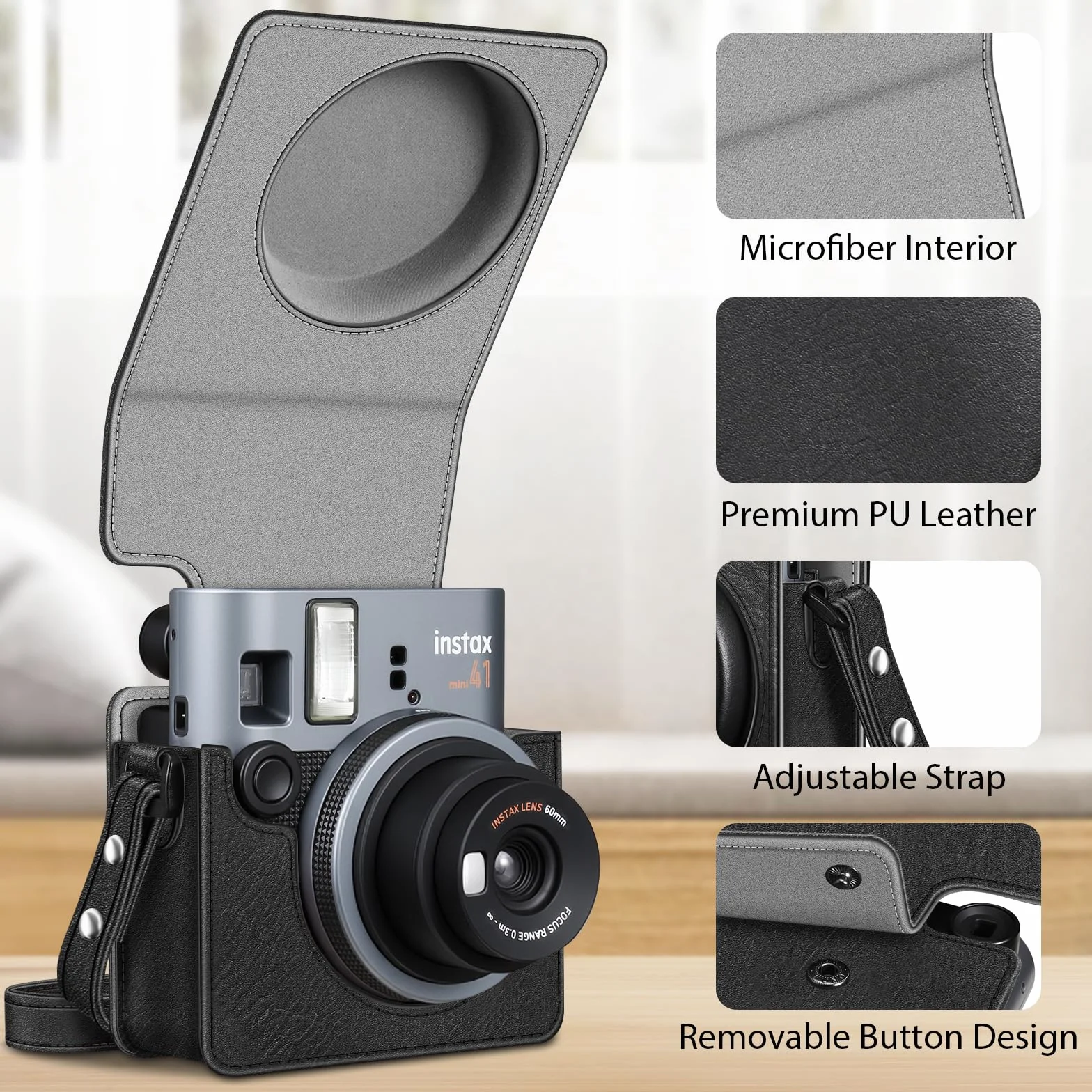 FINTIE Etui ochronne do Fujifilm Instax Mini 41 aparat natychmiastowy – wysokiej jakości wegańska skóra pokrowiec ze zdejmowanym regulowanym paskiem, Vintage czarny, torba na aparat fujifilm