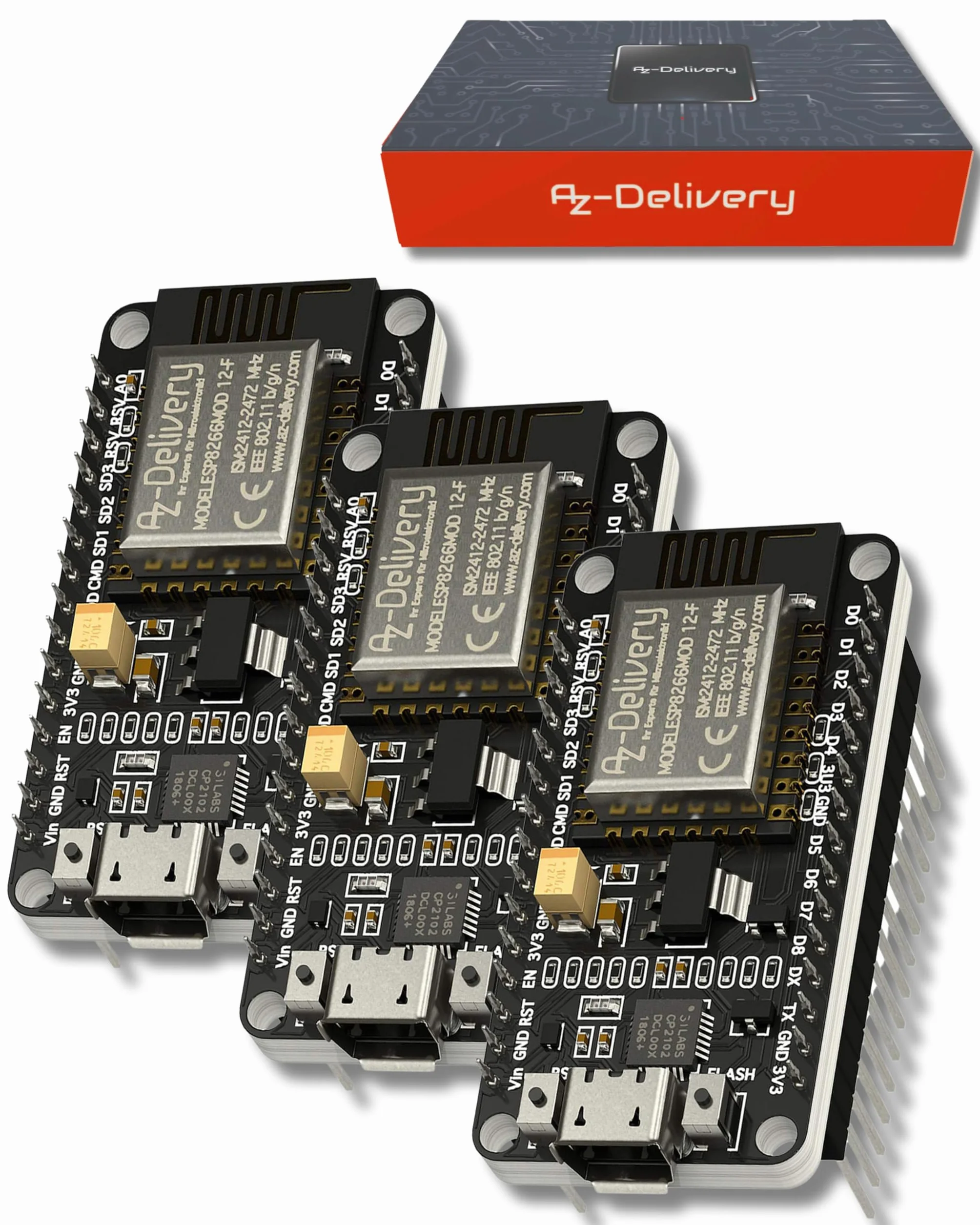 AZDelivery 3 x NodeMCU Lua Amica Module V2 ESP8266 ESP-12F WIFI Wifi Development Board z CP2102 kompatybilny z Arduino w tym e-Book!