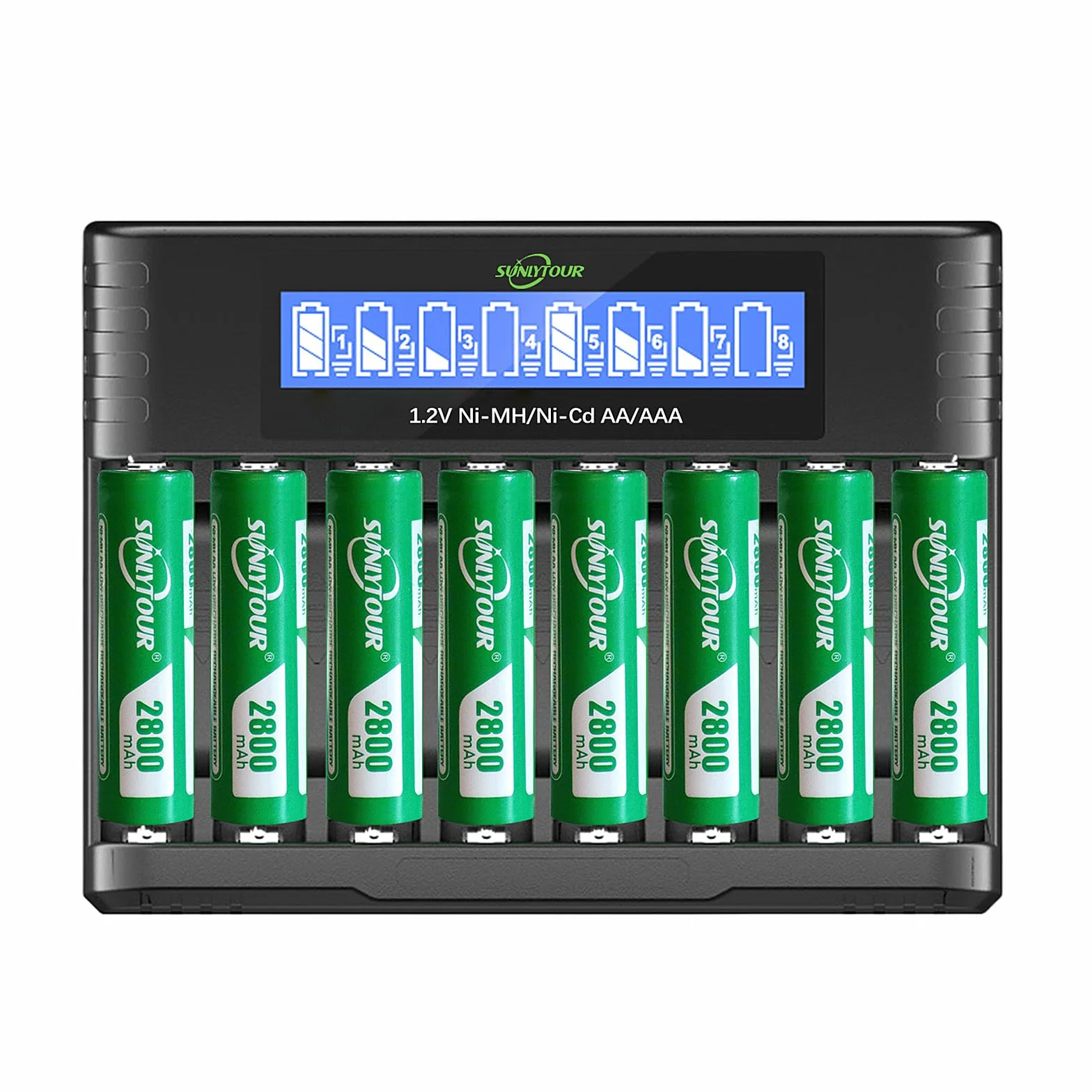 2800mAh Ni-MH AA Bateria z ładowarką,SUNLYTOUR 8 Sztuki 2800mAh AA Ni-MH Baterie z 8 Gniazdami AAA AA Ładowarka,Ładowanie do 1200 Cyklów