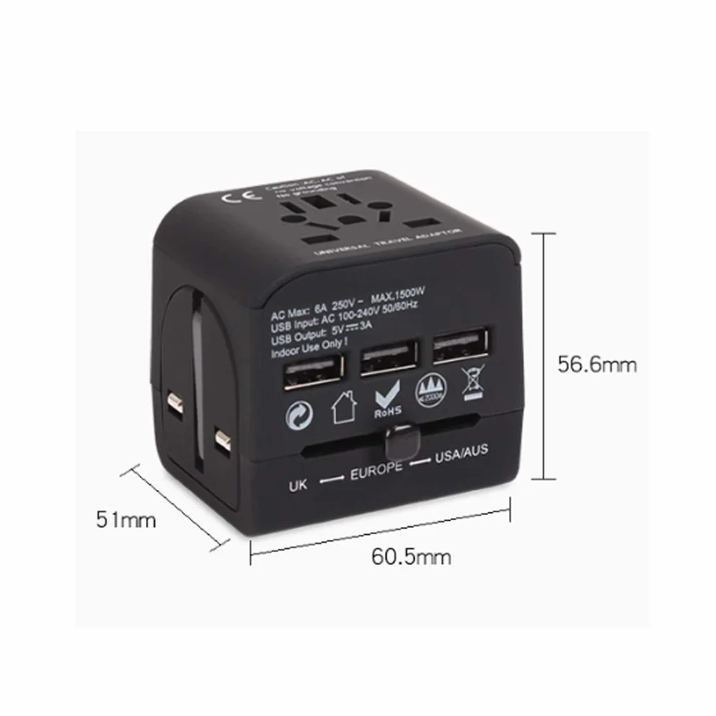 Światowy adapter, 3 Usb. Portsy, adapter uniwersalny, uniwersalny adapter podróży dla Europy, Wielka Brytania, Chiny, Australia, 224 kraje (Color : A, Rozmiar : 5.1 * 6.1 * 5.7cm)