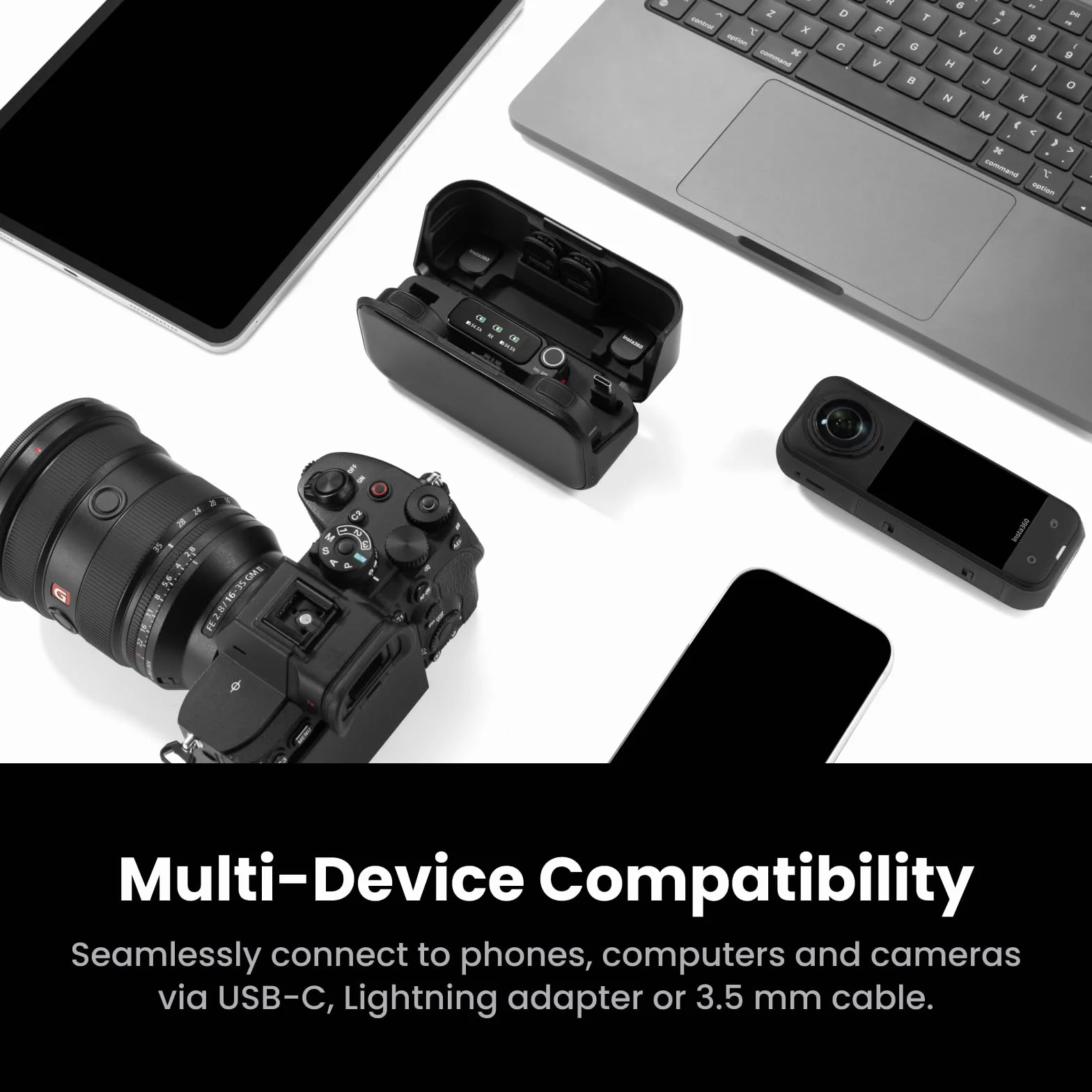 Insta360 Mic Pro (1 TX + 1 RX), bezprzewodowy mini mikrofon do iPhone'a/aparatu/Androida, nagrywania wideo, Bluetooth, konfigurowalny wyświetlacz E-Ink, matryca 3 miks, dostępny dla Lightning