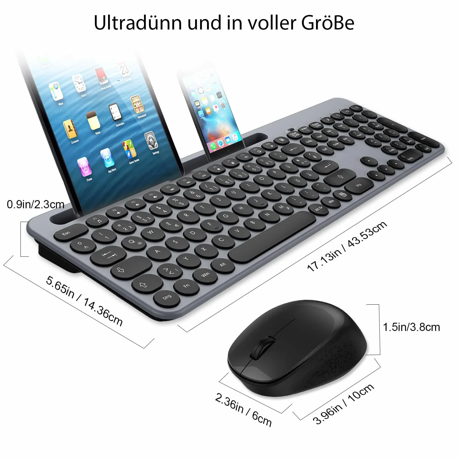 LeadsaiL Zestaw bezprzewodowej klawiatury, ergonomiczna mysz i klawiatura, bezprzewodowa klawiatura i mysz w standardowym rozmiarze, niemiecki układ QWERTZ, cichy przycisk kliknięcia, 12 klawiszy FN