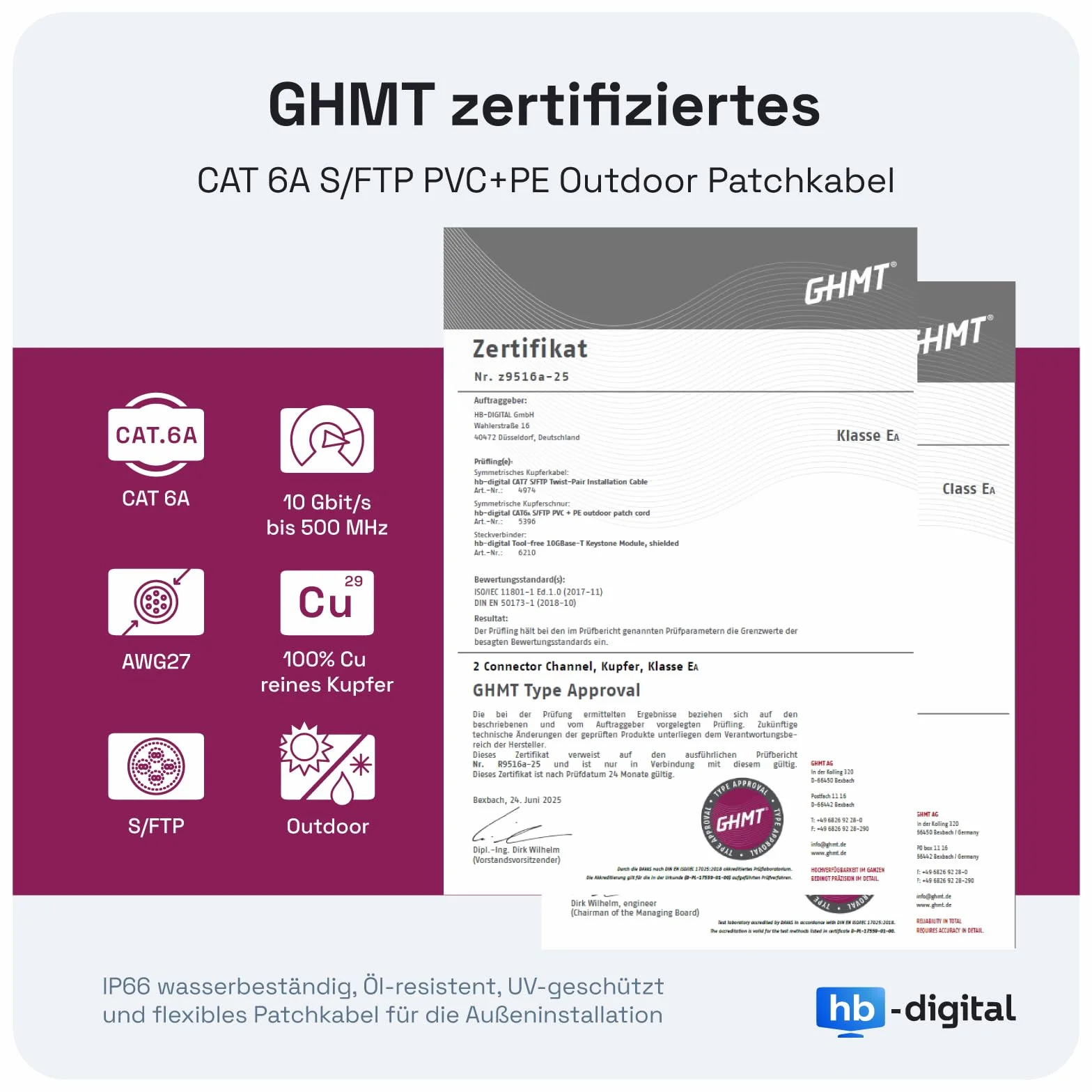 HB-DIGITAL Kabel sieciowy CAT 6a Outdoor LAN IP66 RJ45 Ethernet S/FTP PiMF 10 Gbit/s AWG 27/7 czarny