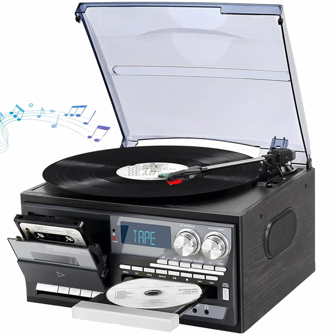 Odtwarzacz płyt winylowych i magnetofon kasetowy z Bluetooth, radiem FM, wbudowanymi głośnikami, USB, odtwarzaczem CD, 3-biegowym gramofonem vintage, osłona przeciwpyłowa