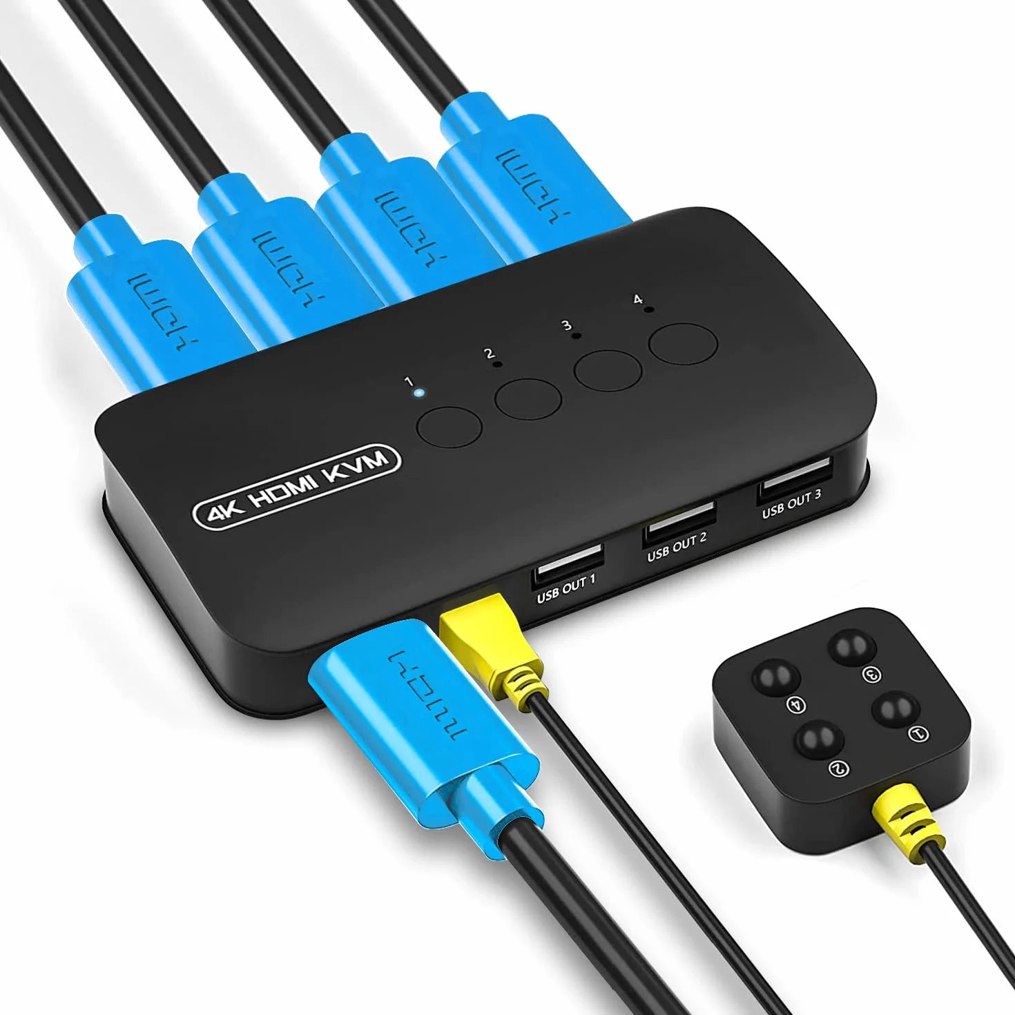 HDMI KVM Switch Do 4 Komputerów - Udostępniaj Jeden Monitor i 3 Urządzenia USB (Klawiatura, Mysz, Drukarka, Skaner) - Z 4 Kablami 2 w 1