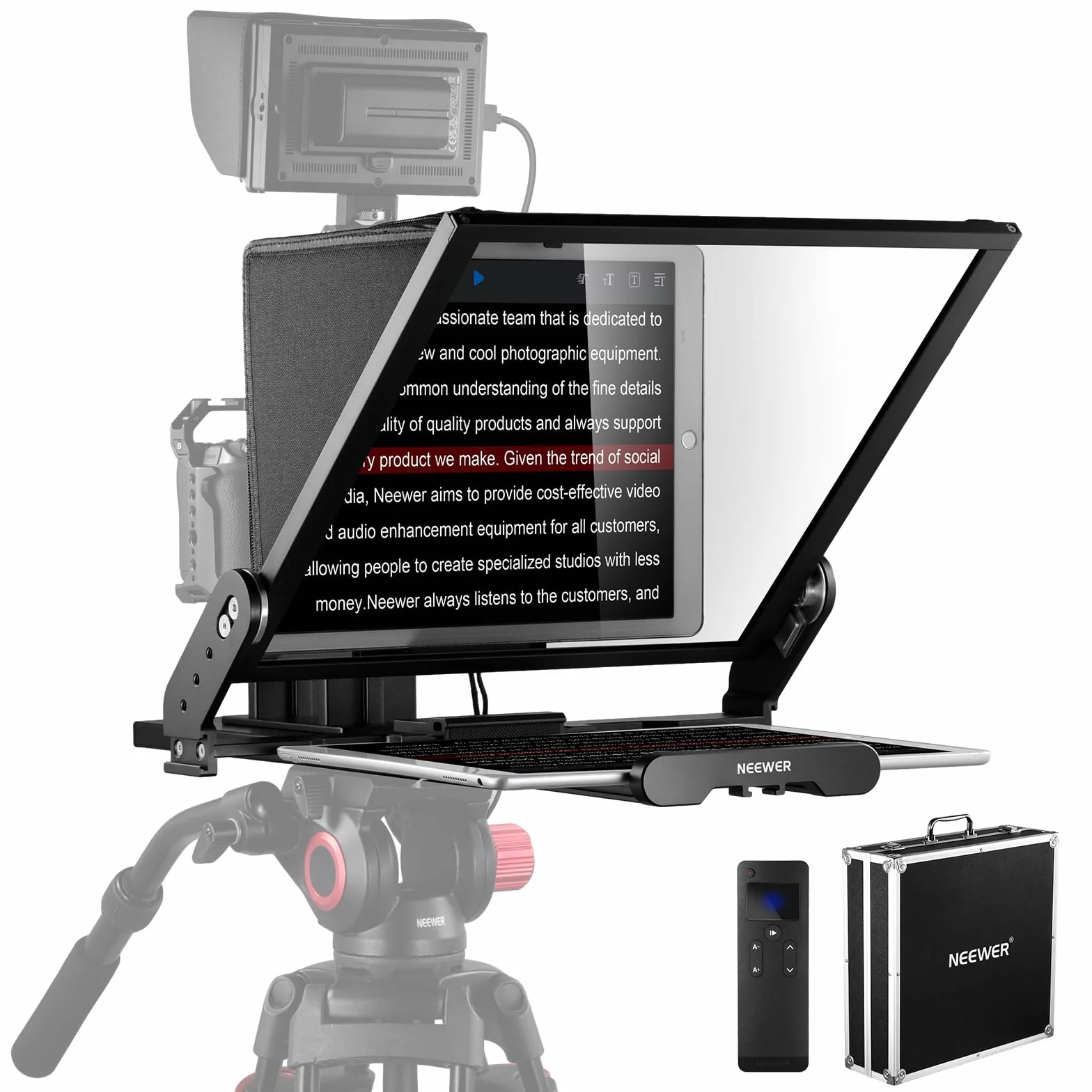 NEEWER Teleprompter X17 II z pilotem RT113 / sterowaniem aplikacją, rozdzielacz wiązki HD 43.2 cm, całkowicie metalowa rama, ulepszony uchwyt, płyta QR, kompatybilna z iPadem 501PL, maksymalne